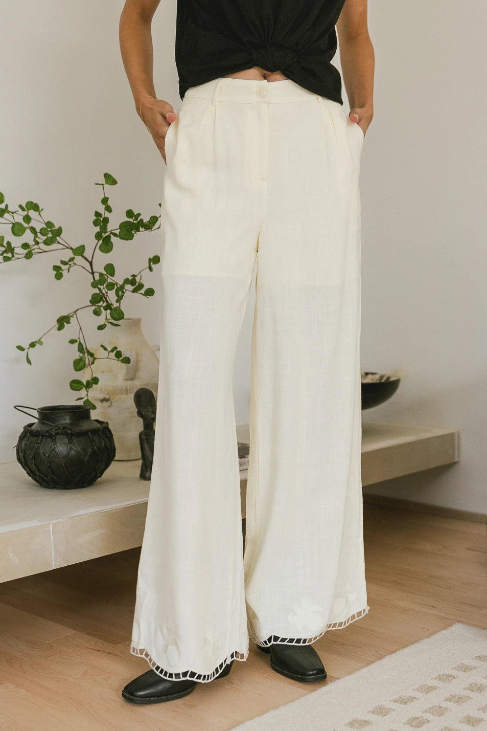 Katniss Embroidered Cotton Pants for Women - Cream Color Boho Style Lounge Pants | Perfect for Yoga, Meditation, and Casual Wear