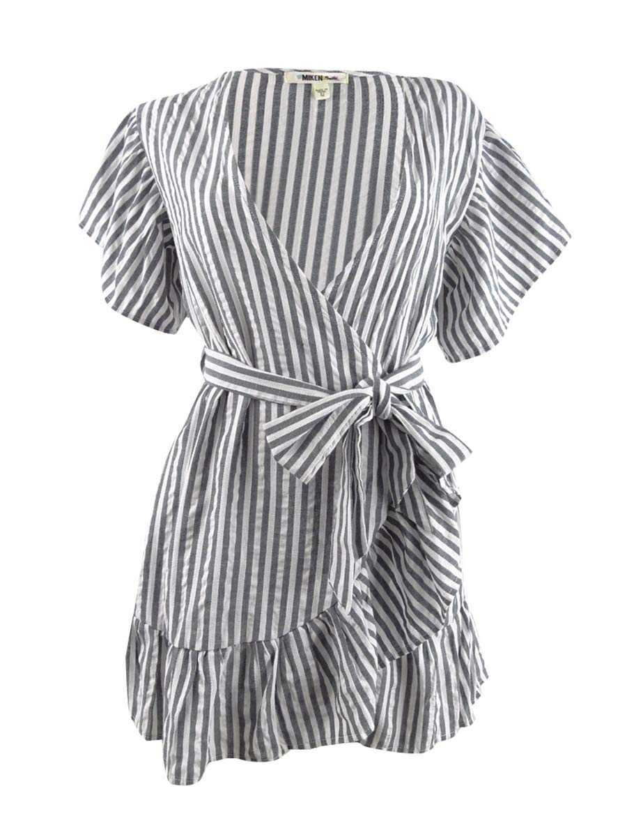 Miken Women's Striped Wrap Dress Swim Cover-Up - Lightweight Beach Coverup, White & Black, Size S | Perfect for Poolside, Vacation & Summer Outfits