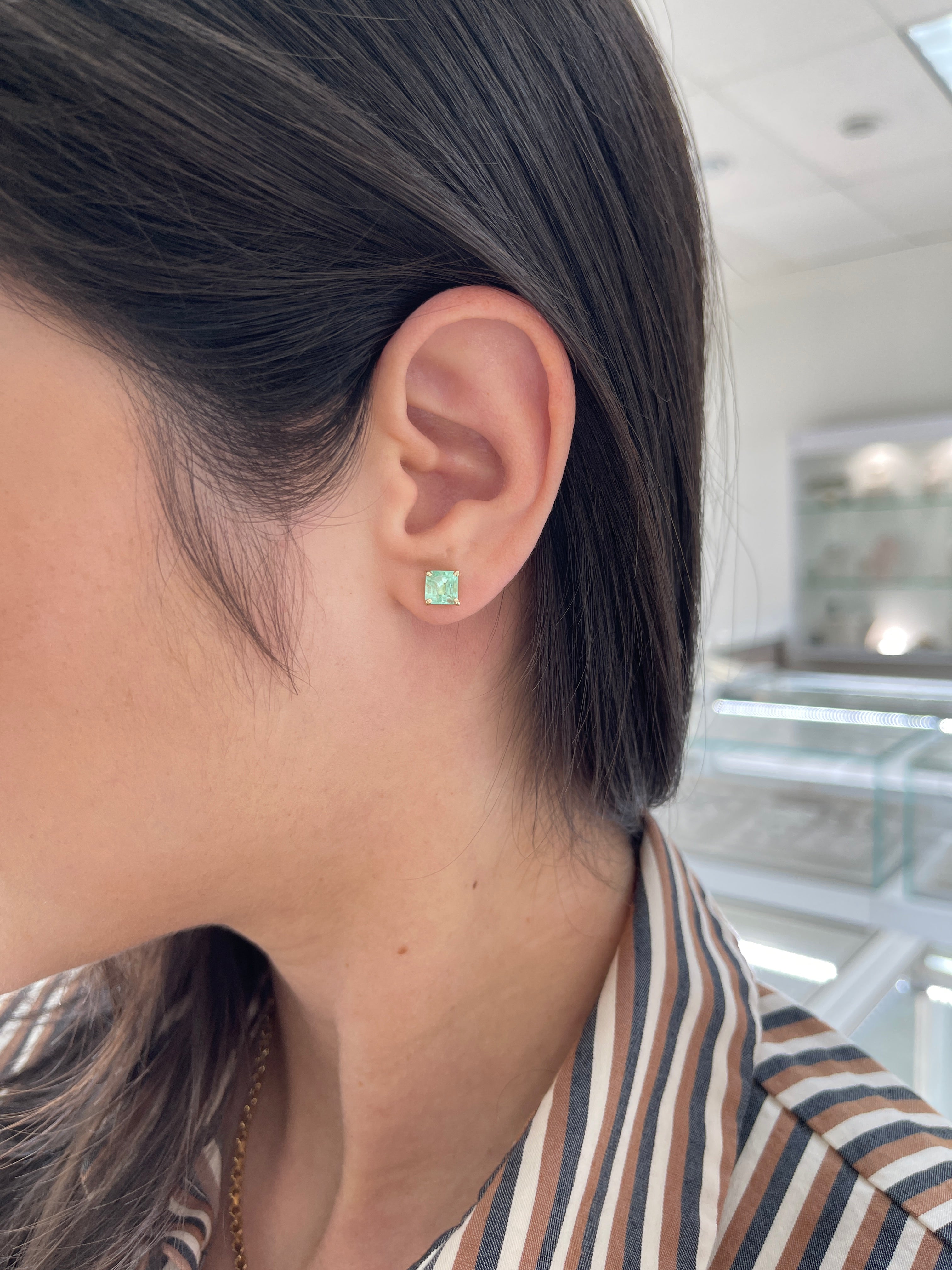 2.22tcw Seafoam Light Green Genuine Asscher Cut Emerald Stud Earrings in 14K Gold - Perfect for Weddings, Anniversaries & Special Occasions