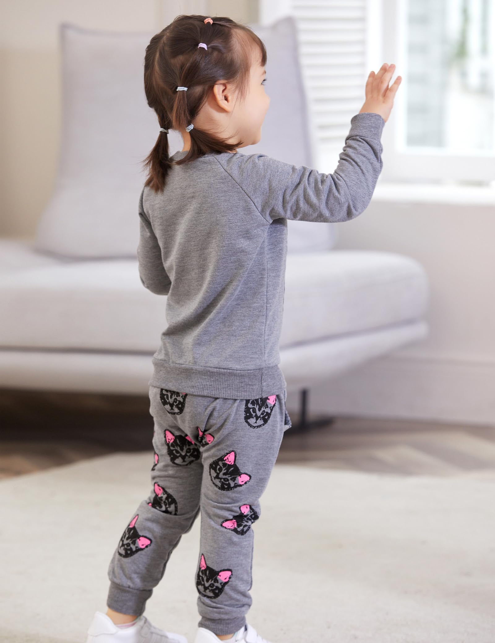 Puseky Cute Cat Sweatshirt & Pants Tracksuit Set for Toddler Girls - Soft Cotton Kids Outfit for Playdates, School & Casual Wear