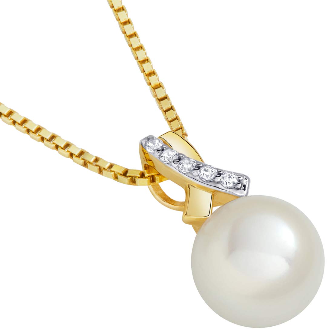 PEORA 14K Yellow Gold Freshwater Cultured White Pearl Pendant Necklace - 9mm Round Button Pearl with Open Infinity Solitaire Design, Elegant Bridal Jewelry for Weddings, Bridesmaids & Special Occasions