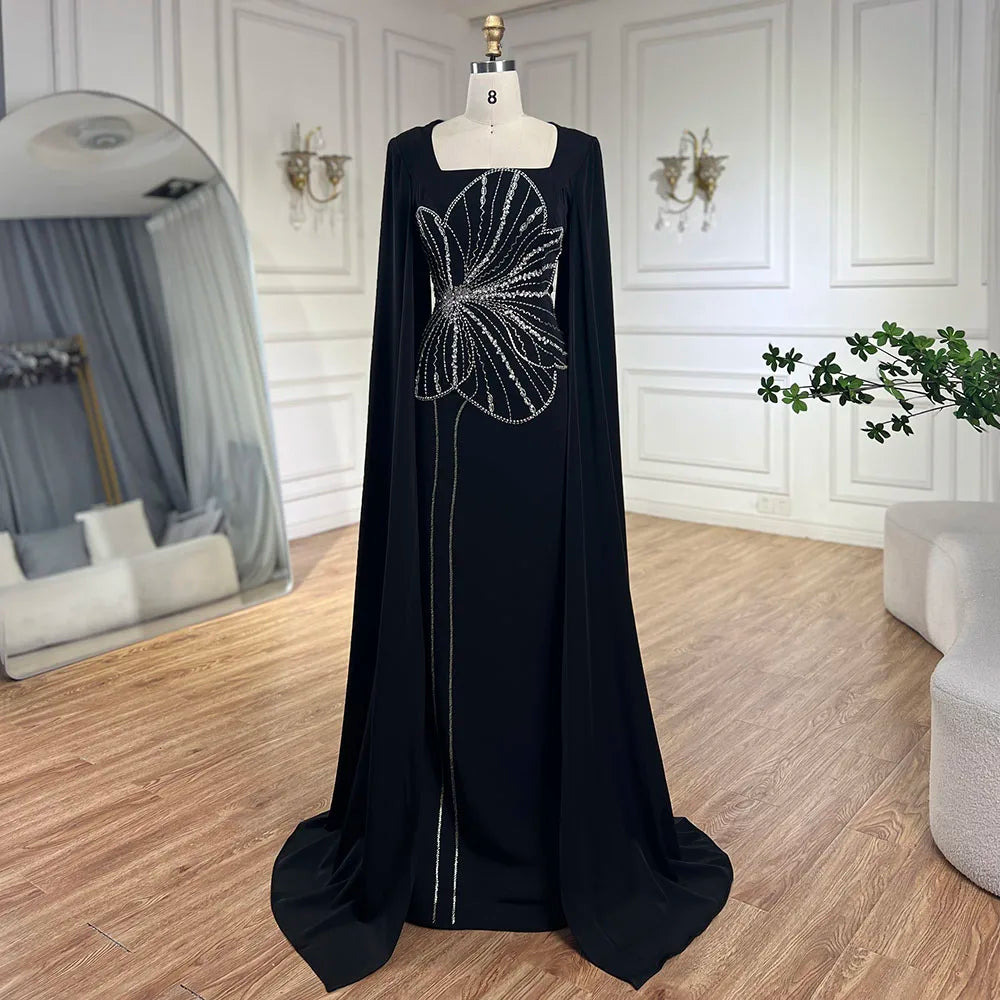 Elegant Black Luxury Beaded Arabic Evening Dress with Cape Sleeves LA72461 - Perfect for Weddings, Galas & Special Occasions