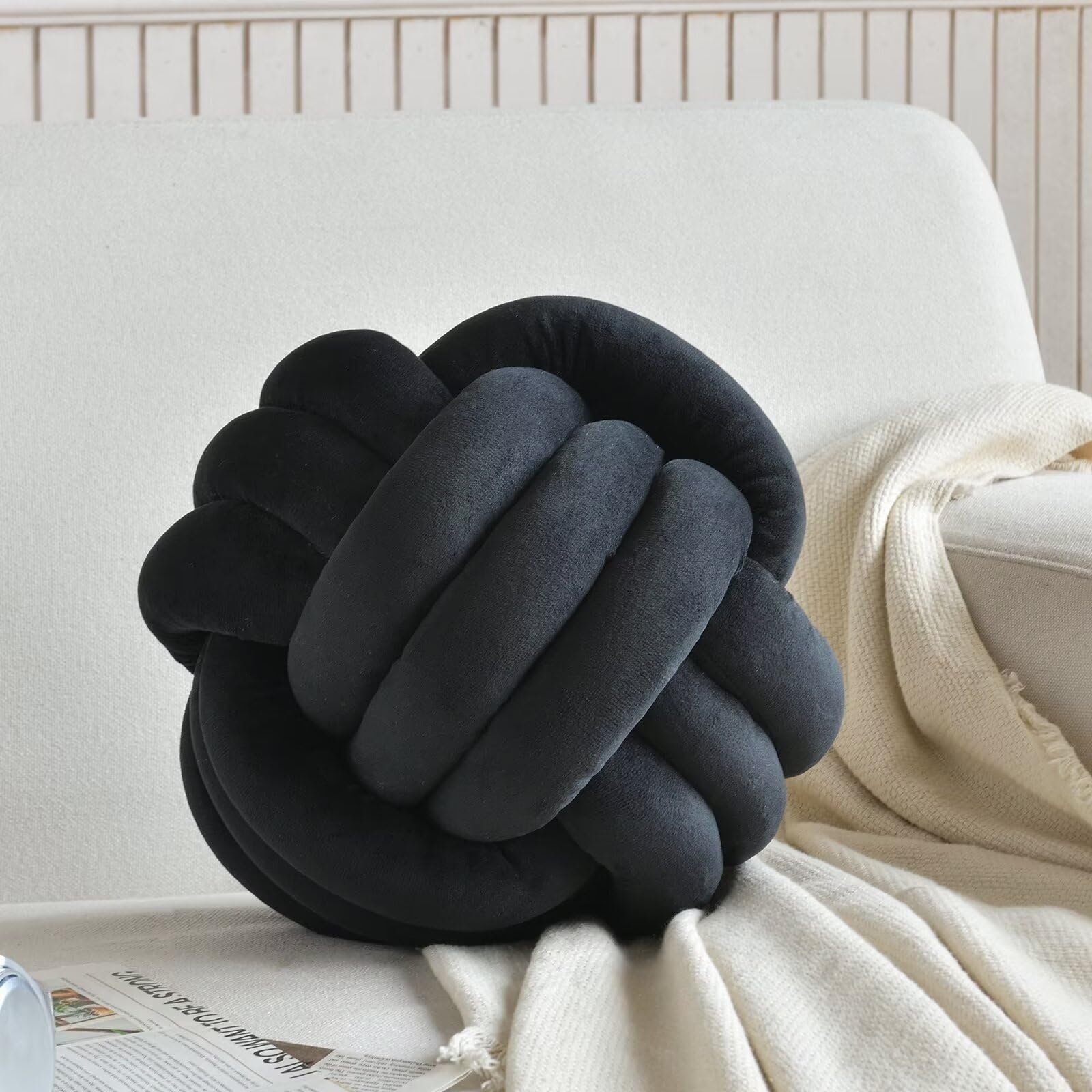 ZANYB Soft Knotted Ball Throw Pillow - Handmade Plush Round Cushion for Home Decor, Bedroom, Sofa & Nursery (Black, 11.8x11.8 Inches) - Perfect for Cozy Living Rooms, Boho Bedding & Stylish Home Accents