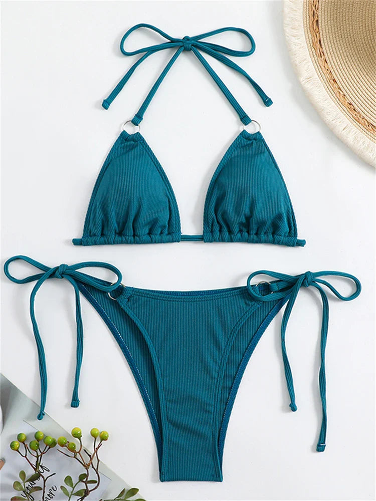 Sexy Women's Ribbed Halter Bikini Set - Lace Up Two Piece Swimwear for Summer Beach & Pool | Solid Color Bathing Suit for Women | Perfect for Vacations, Tropical Getaways & Water Sports