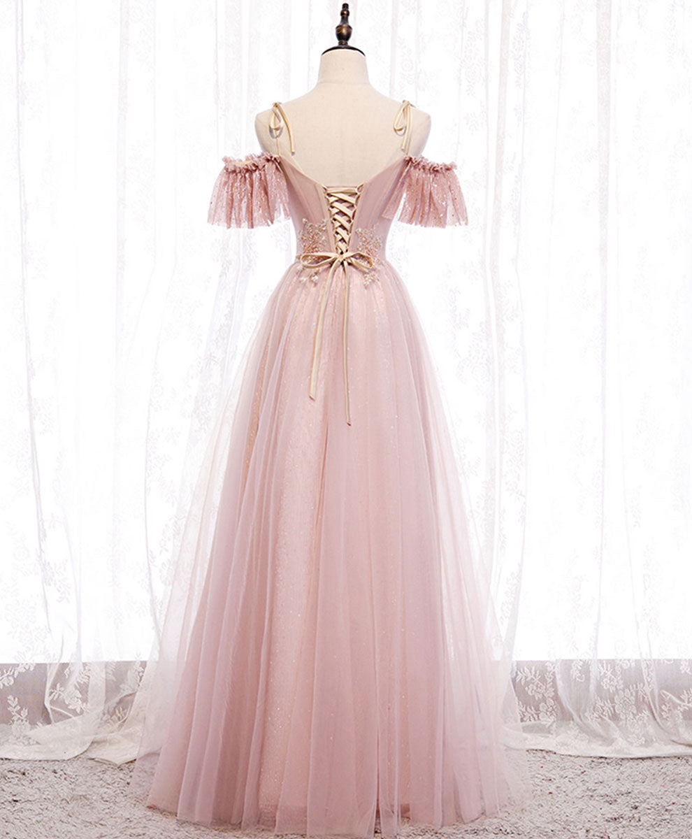 Elegant Pink V-Neck Tulle Lace Long Prom Dress for Women - Perfect for Bridesmaids, Homecoming, and Formal Evening Events