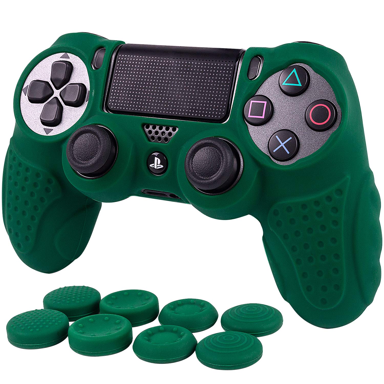 Premium Anti-Slip Silicone Cover for PS4 Controller - DualShock4 Skin Grip Protector Case Compatible with Sony PS4/PS4 Slim/PS4 Pro (Includes 8 Thumb Grips) - Green - Perfect for Gaming, Protection & Enhanced Grip During Long Play Sessions