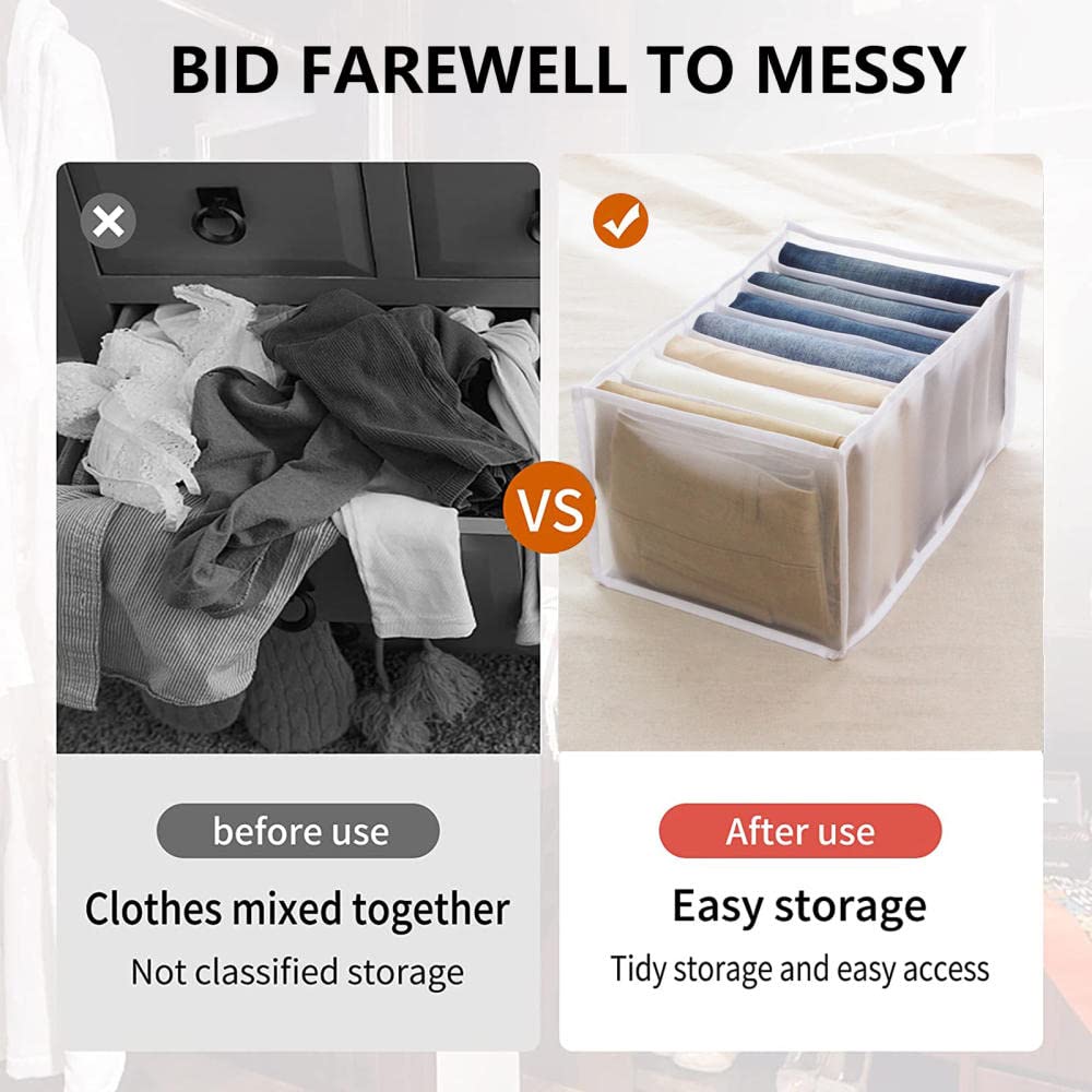 7 Grids Washable Wardrobe Clothes Organizer - Foldable Jeans Storage Divider - Mesh Closet Drawer Organizer with Visible Compartments (Gray) - Perfect for T-Shirts, Pants & Sweaters Organization