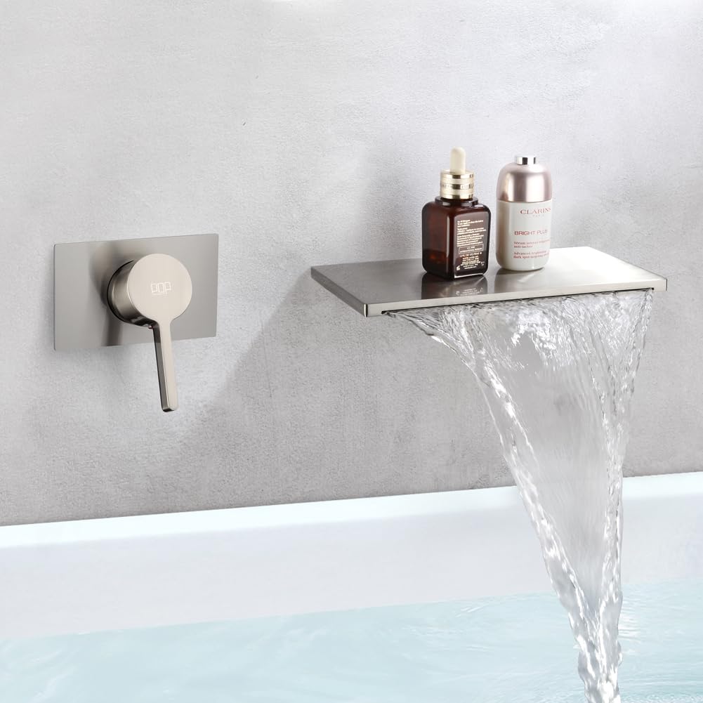 POP SANITARYWARE Brushed Nickel Wall Mounted Waterfall Bathtub Faucet - Single Handle Tub Filler with Valve | Modern Bathroom Upgrade for Spa-Like Experience