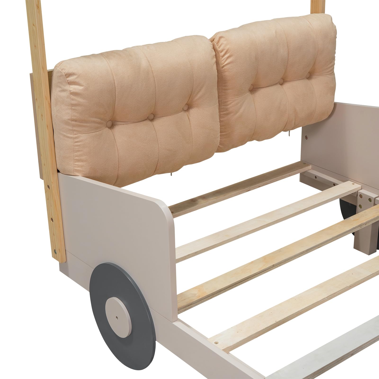 Twin Size Kids Car Bed with LED Lights & Headboard - Toddler Floor Bed Tent for Boys & Girls - Natural Wood Design - Perfect for Playrooms, Bedrooms & Sleepovers