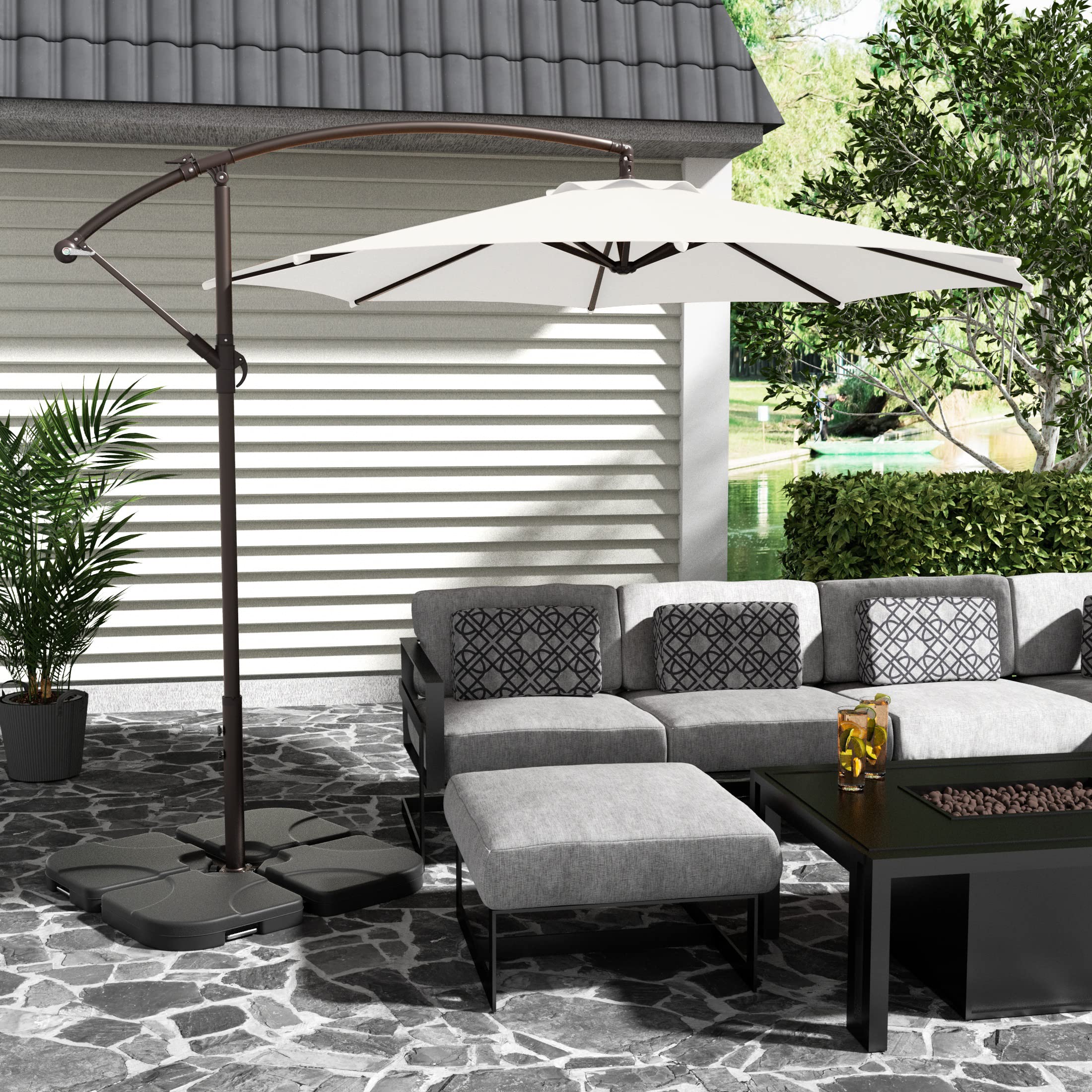 10ft Outdoor Patio Cantilever Umbrella with Stand - 2 Piece Hanging Shade Kit for Garden, Poolside & Backyard Relaxation