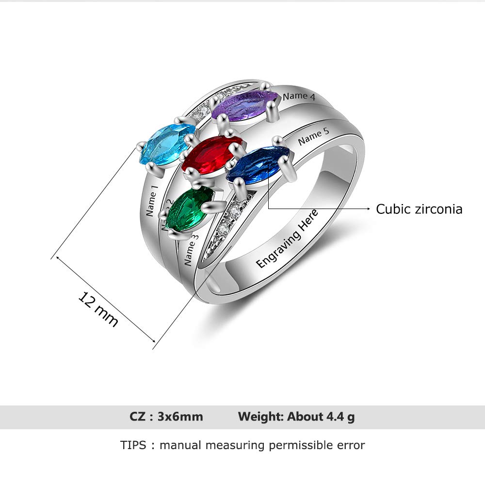 925 Sterling Silver Mother Daughter Rings - Personalized Name & 5 Birthstones Promise Rings for Women | Anniversary, Birthday, Valentine's Day Gift for Mom, Wife, Grandma | Engraved Family Jewelry for Special Occasions