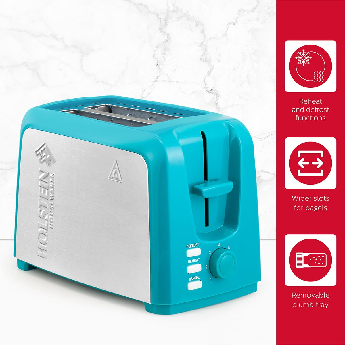 Holstein Housewares 2-Slice Toaster with 7 Browning Settings - Teal & Stainless Steel - Perfect for Toast, Bagels, Waffles - Ideal for Breakfast, Kitchen, Dorm & Office Use