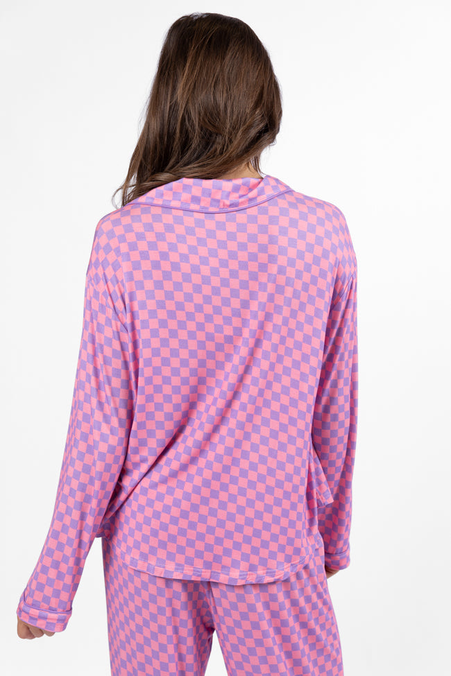 Light Pink and Lilac Checkered Long Sleeve Pajama Top for Women - Soft & Comfortable Sleepwear - Perfect for Cozy Nights, Loungewear, and Relaxing at Home