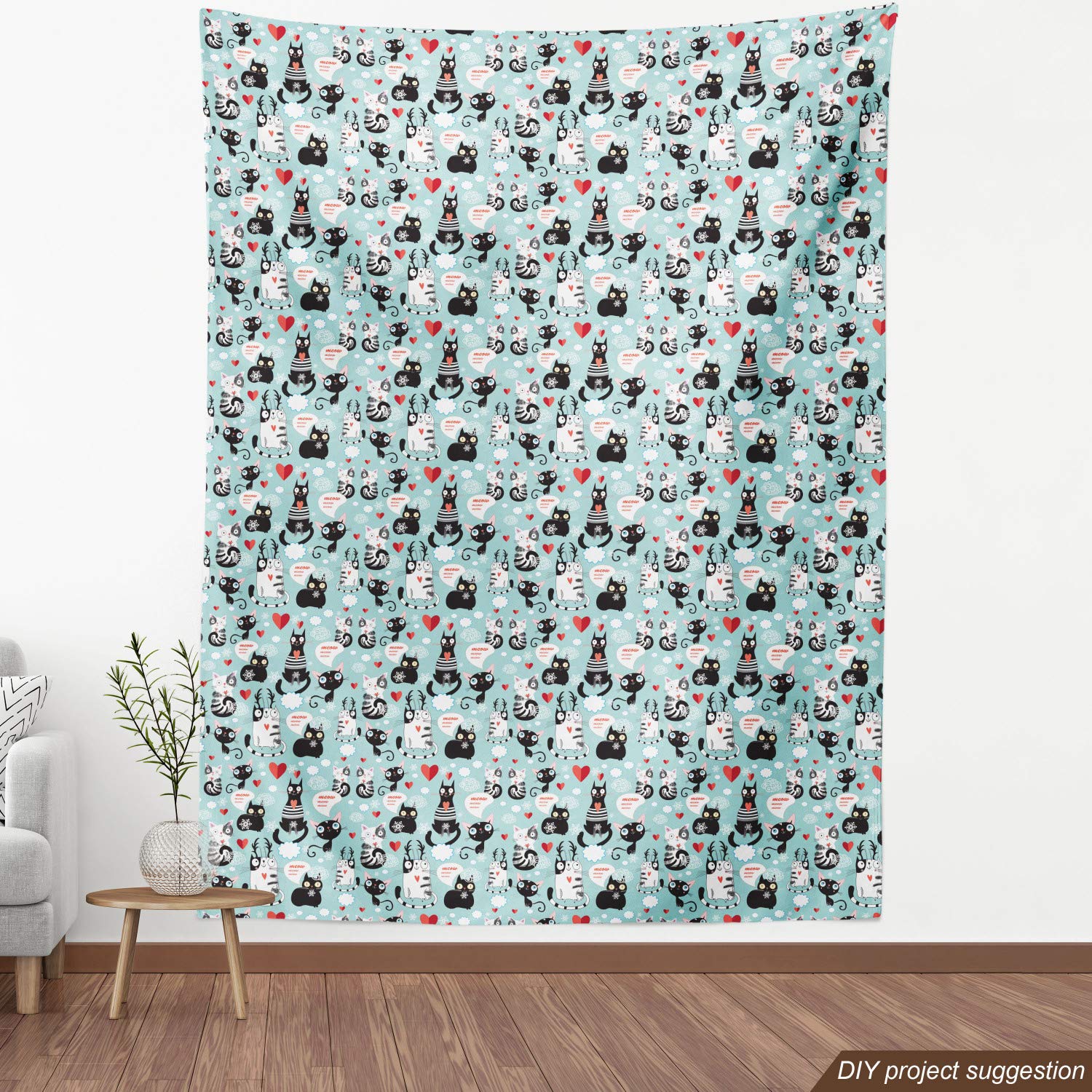 Ambesonne Cat Lover Fabric by The Yard - Black & White Cat Print with Hearts & Meow Design - 10 Yards Pale Blue Upholstery Fabric for DIY Projects, Home Decor, Curtains & Pillow Covers - Perfect for Cat Themed Bedroom & Living Room Decor