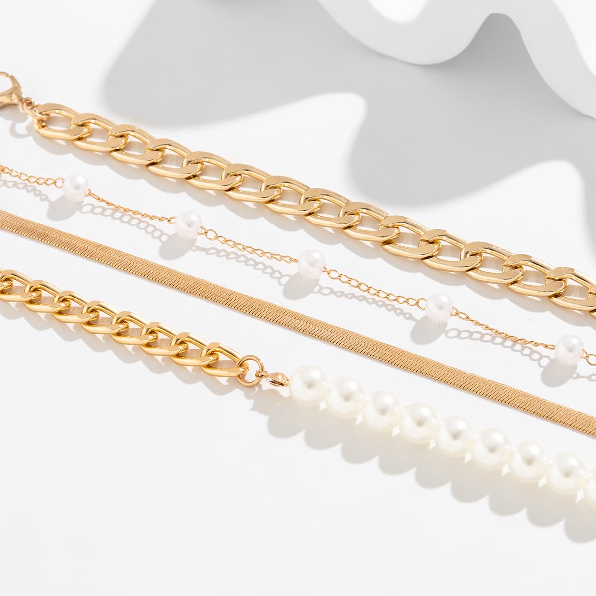 FUTIMELY 14K Gold Plated Snake Pearl CZ Chain Link Bracelet Set for Women - Adjustable Dainty Layered Paperclip Stacked Bracelets - Perfect for Everyday Wear, Gift Giving & Special Occasions
