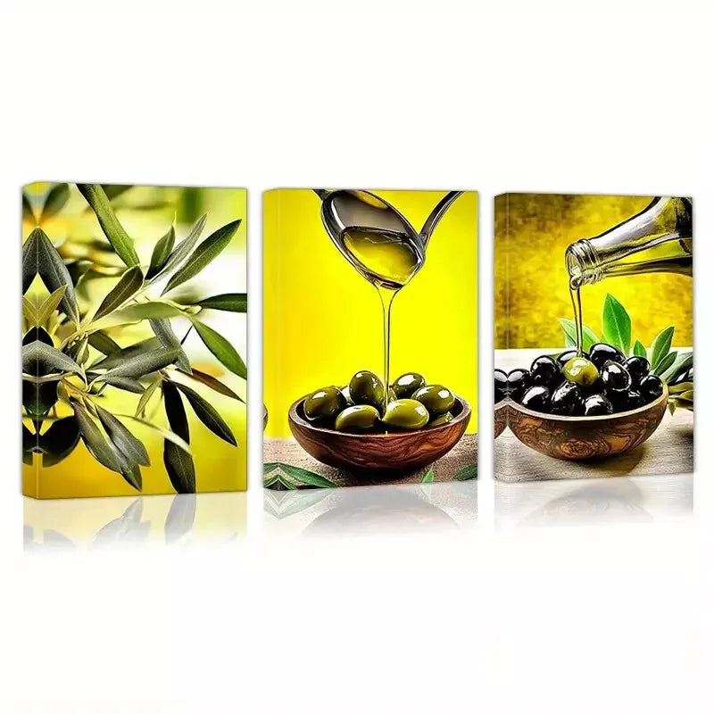 3-Piece Abstract Olive Oil & Greenery Art Set - Framed Canvas Wall Decor 50x70cm | High Quality Print | 100% Australian Made | Ready to Hang | Perfect for Kitchen, Dining Room & Farmhouse Decor