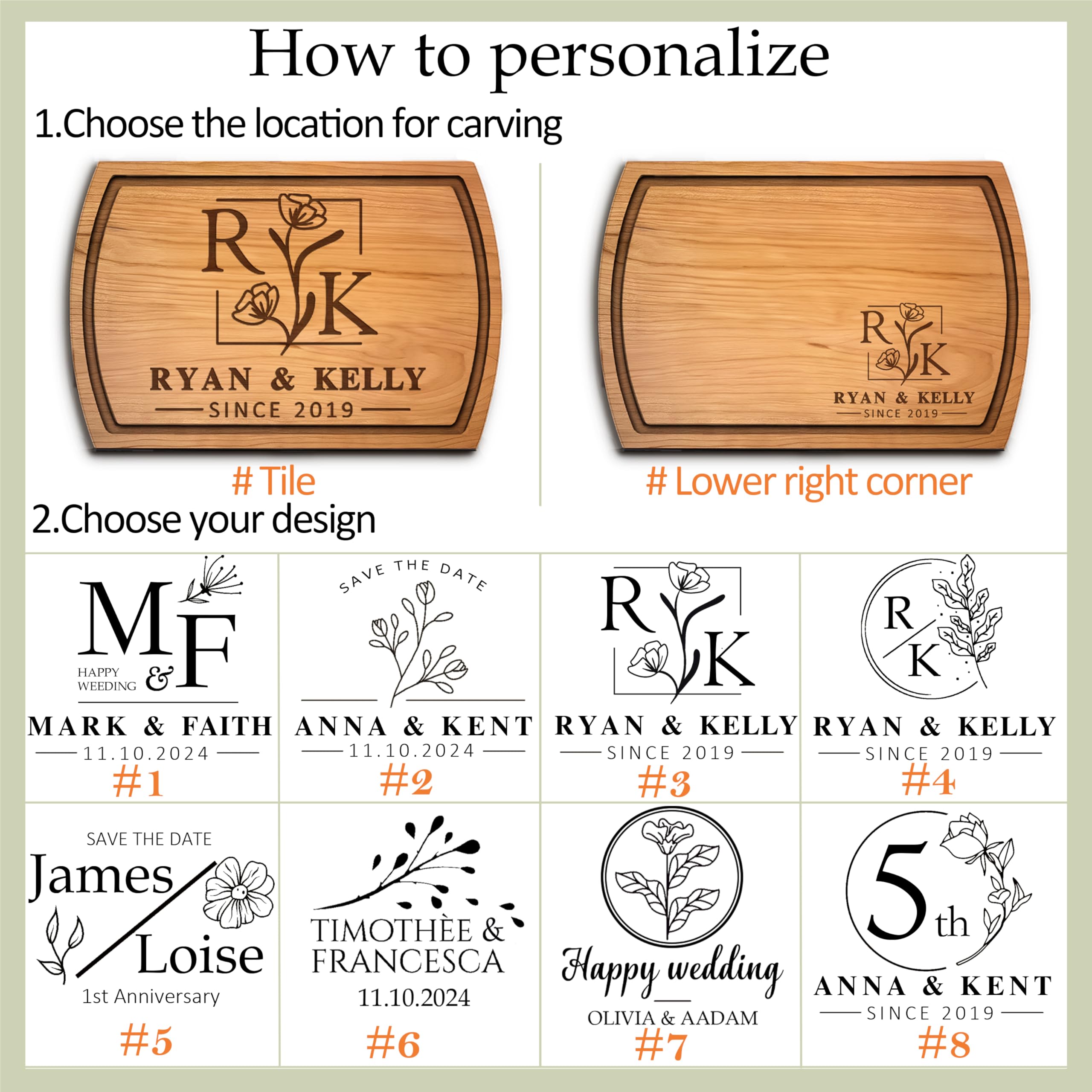 Personalized Engraved Wood Cutting Board with Floral Design - Custom Wedding Gift for Couples, Anniversary Present, Bridal Shower Gift Idea, Unique Valentine's Day Gift - Charcuterie Cheese Board with Free Gift Envelope - Perfect for Housewarming, Christmas, and Romantic Dinner Parties