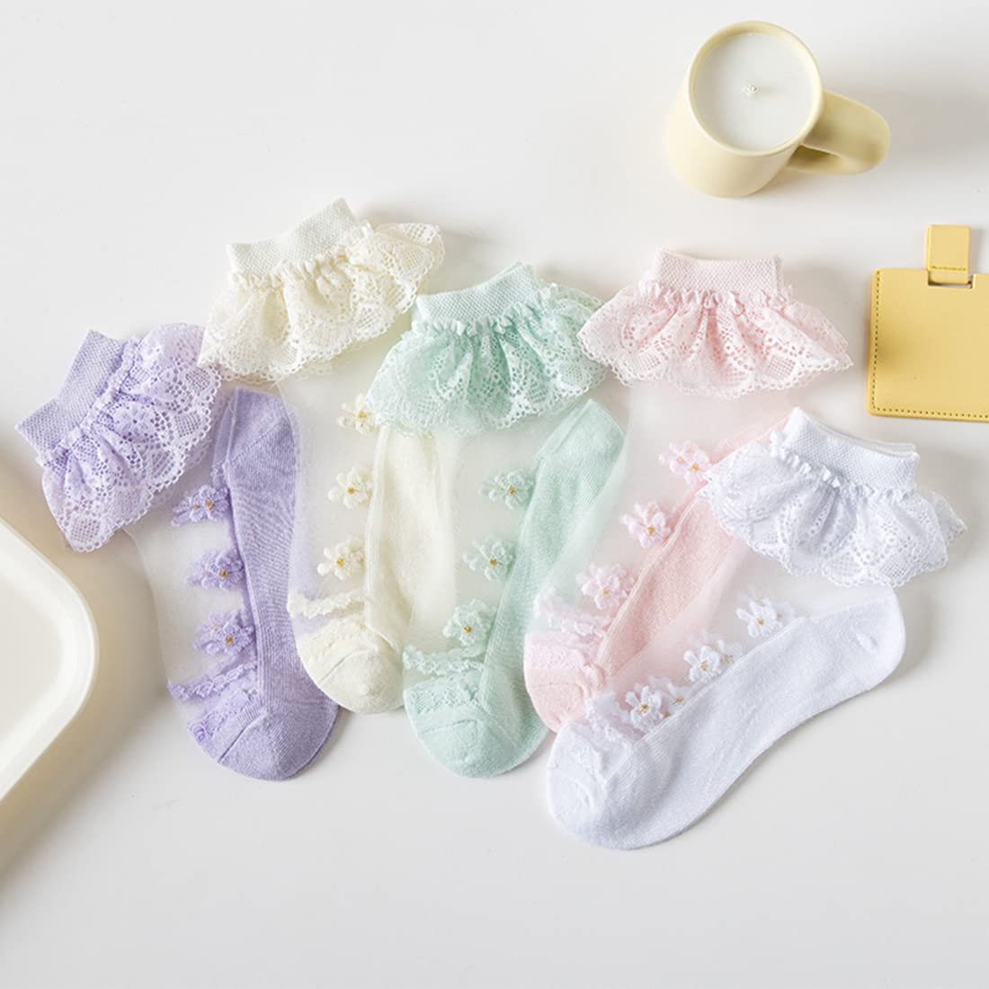 5 Pairs Hopply Ruffle Pageant Frilly Socks for Toddler Girls - White Lace Ankle Dress Socks, Summer Mesh Baby Socks for Women - Perfect for Parties, Pageants & Special Occasions