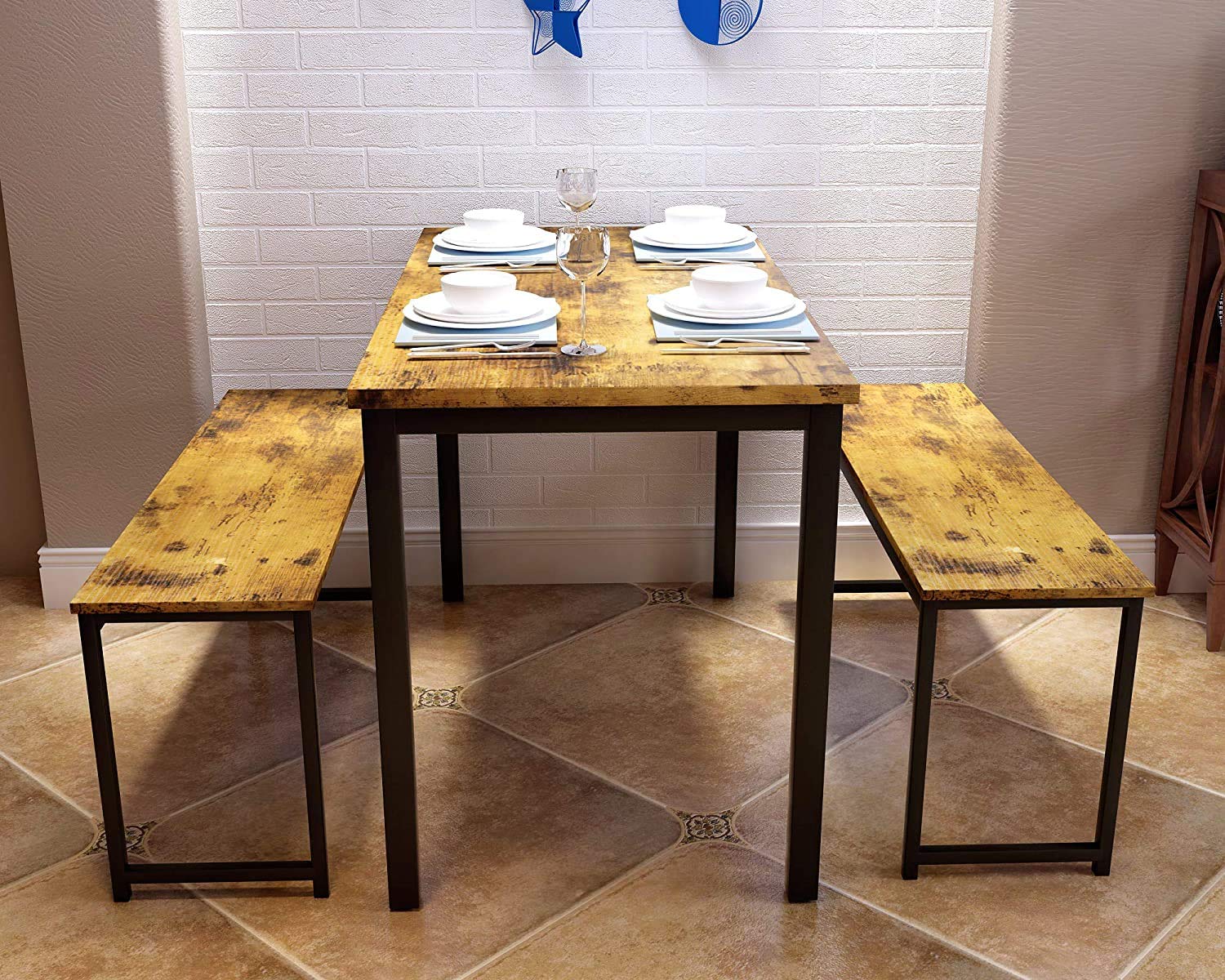 DKLGG 4-6 Person Farmhouse Dining Table Set with 2 Benches - Solid Wood Kitchen Table & Chairs for Small Spaces, Brown | Perfect for Breakfast Nook, Apartment Dining, and Cozy Family Meals