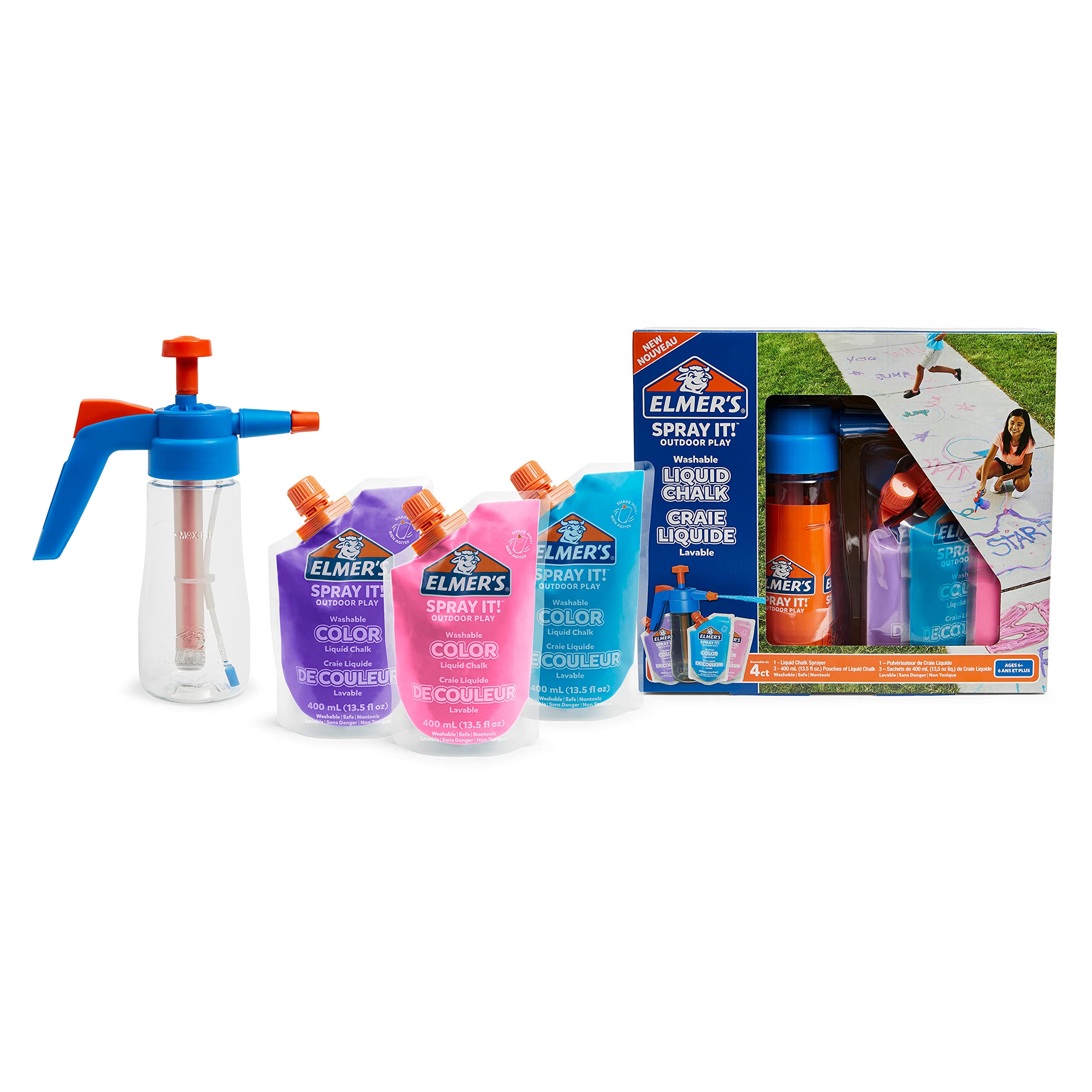 Elmer's Spray It! Outdoor Washable Liquid Chalk Kit with Sprayer & 4 Refills - Fun Sidewalk Art for Kids, Driveway Games & Creative Outdoor Play