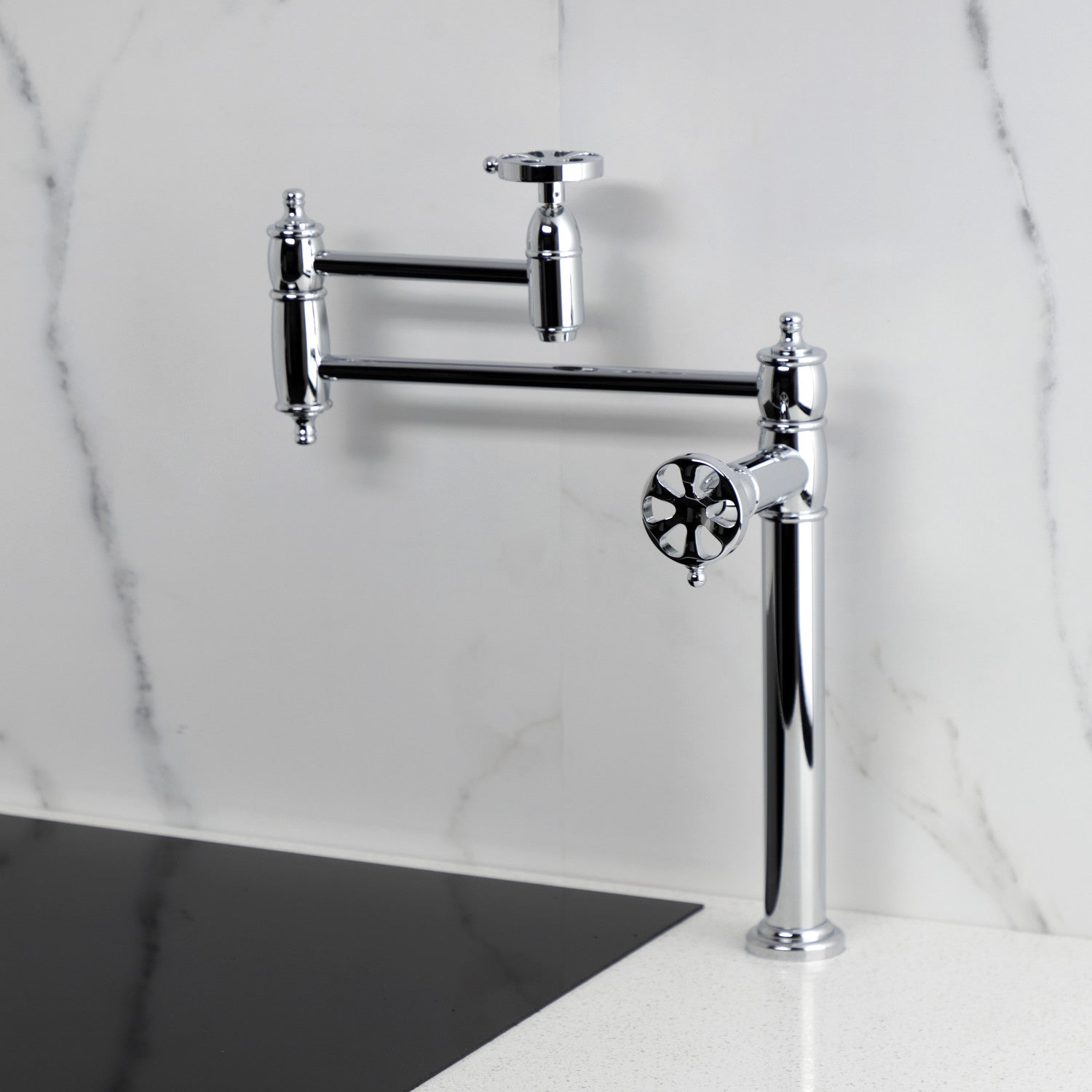 Belknap KS3701RX Two Handle Deck Mount Pot Filler Faucet - Polished Chrome Finish - Ideal for Kitchen Sink, Stove & Cooking Area