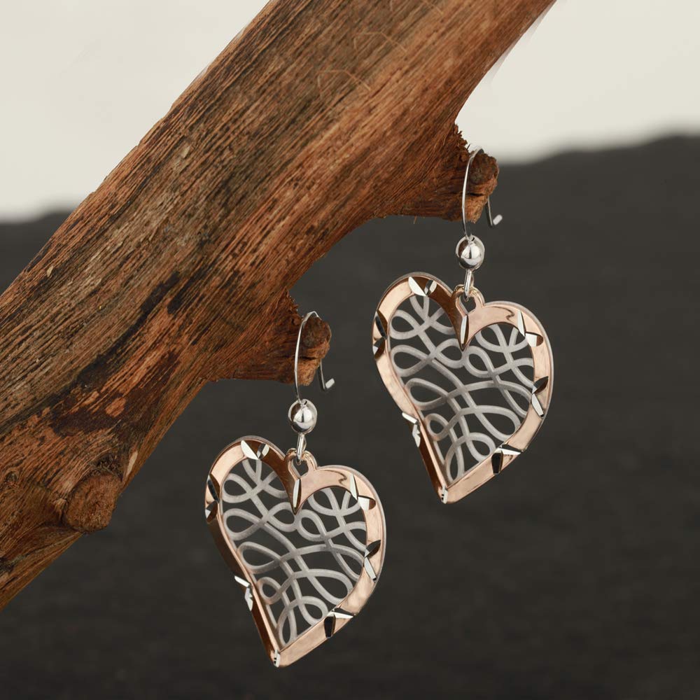 Vanbelle Sterling Silver Two Tone Jewelry - Filigree Heart Drop Earrings with Rhodium & Rose Gold Plating - Elegant Handcrafted Women's Earrings for Date Night & Special Occasions