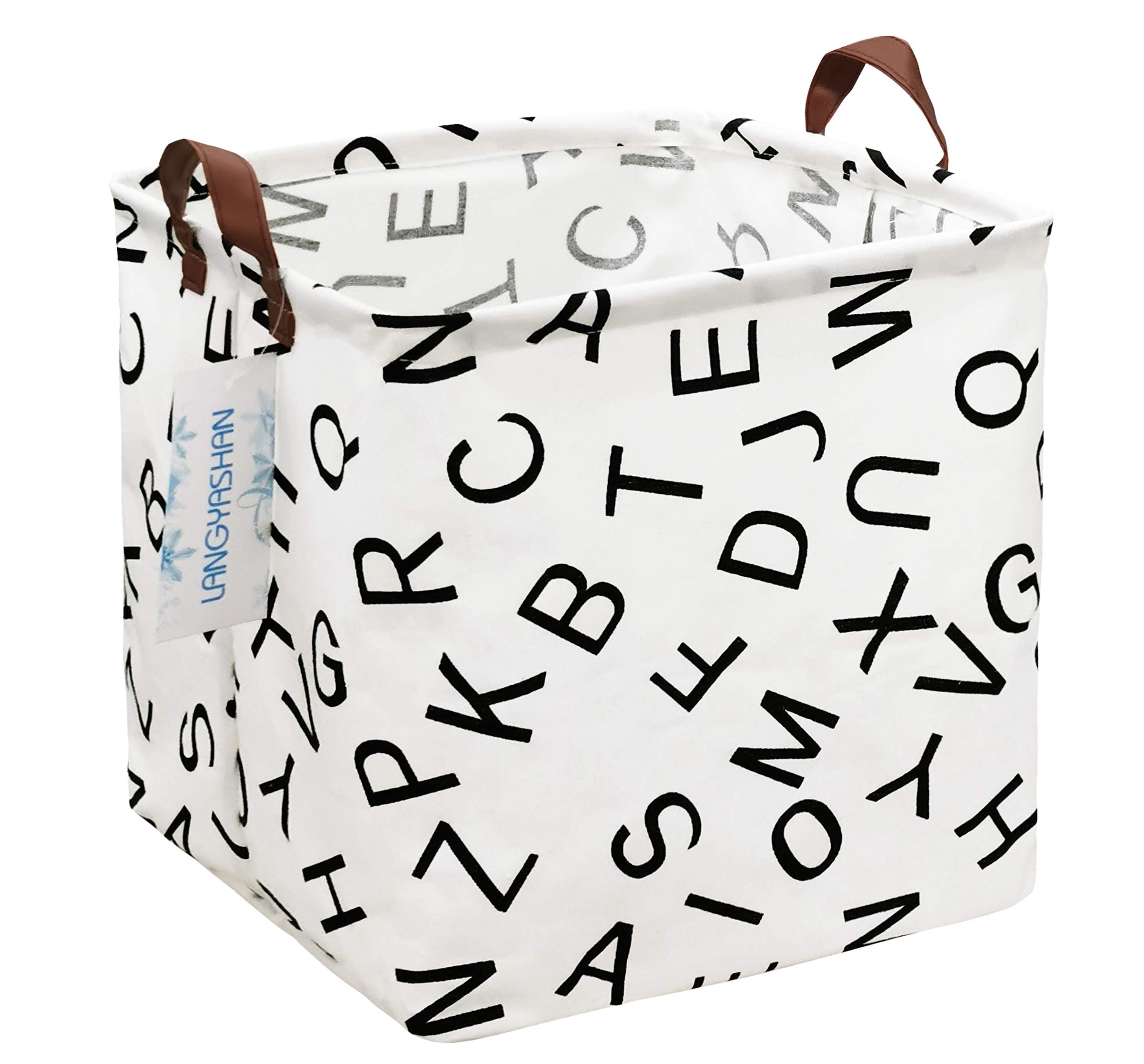 LANGYASHAN Square Storage Baskets - Waterproof Canvas Laundry Hamper for Kids, Nursery Toy Organizer & Room Decor - Perfect for Shelves, Closet Organization & Gift Baskets (Alphabet Pattern) - Ideal for Baby Room, Playroom & Home Storage Solutions