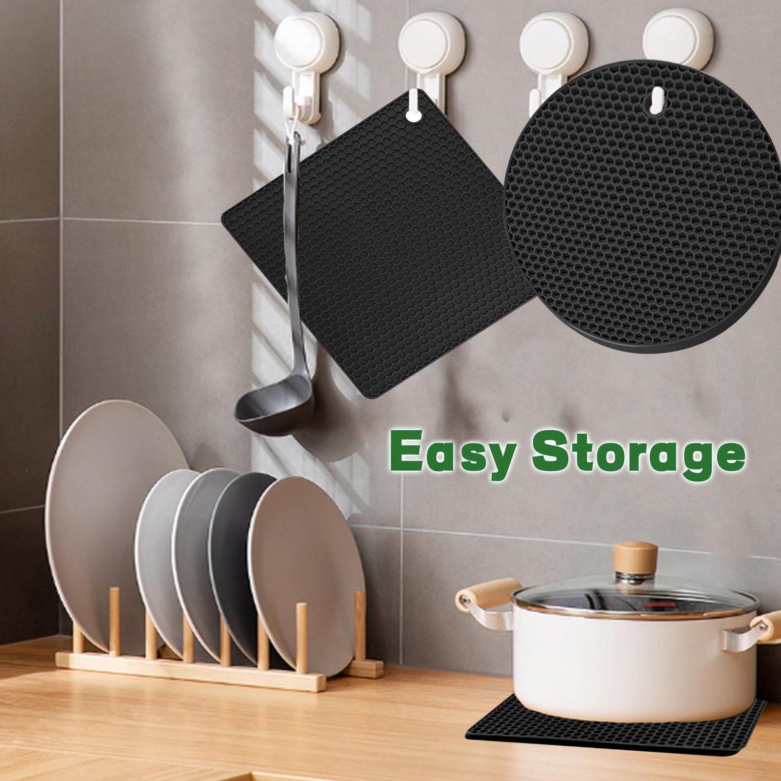 8 Pack Silicone Trivet Mats - Heat Resistant Pot Pads for Hot Pans, Non-Slip & Easy to Clean Kitchen Accessories (Black) - Perfect for Dining Tables, Countertops & Outdoor BBQ Use