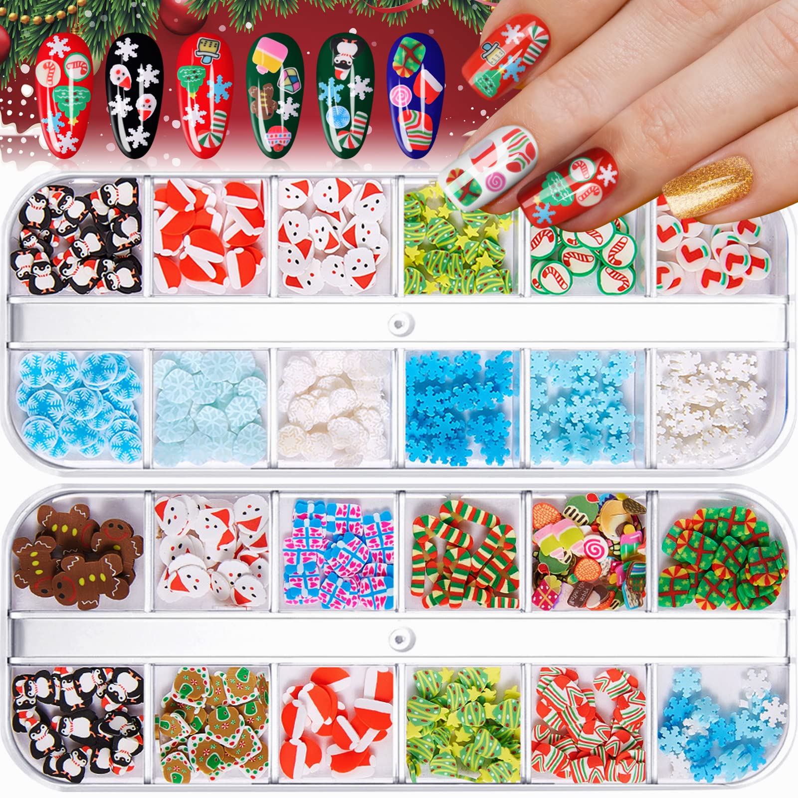 24 Grids Christmas Nail Art Slices - 3D Polymer Nail Flakes with Snowflake, Santa & Penguin Designs for DIY Nail Decor | Cute Glitter Nail Charms for Women & Girls | Perfect for Holiday Nail Art, Face & Body Crafting (2 Box Set)