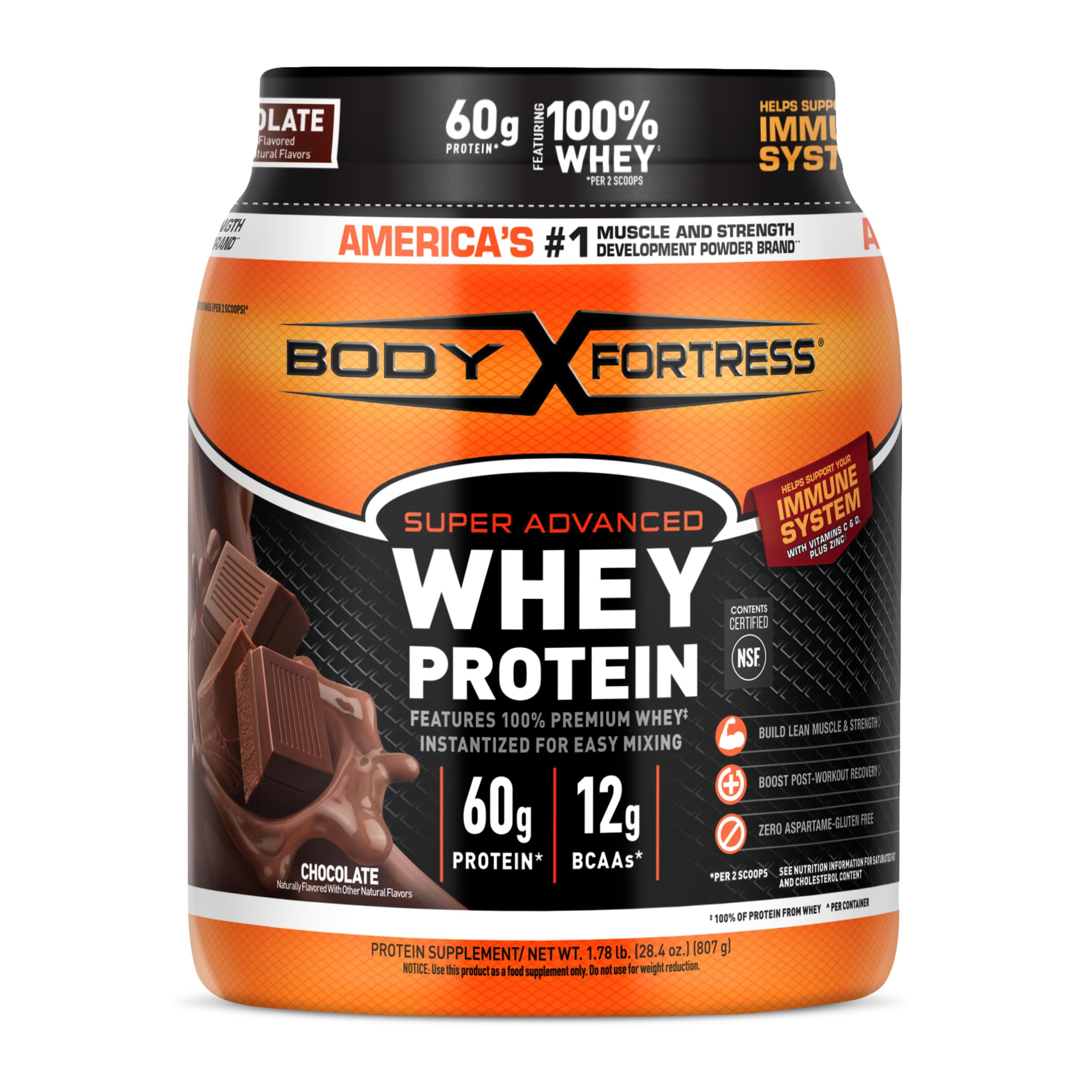 Body Fortress 100% Whey Protein Powder - Premium Chocolate Flavor, 1.78lbs (810g) for Muscle Recovery & Strength Building - Ideal for Post-Workout Shakes & Smoothies