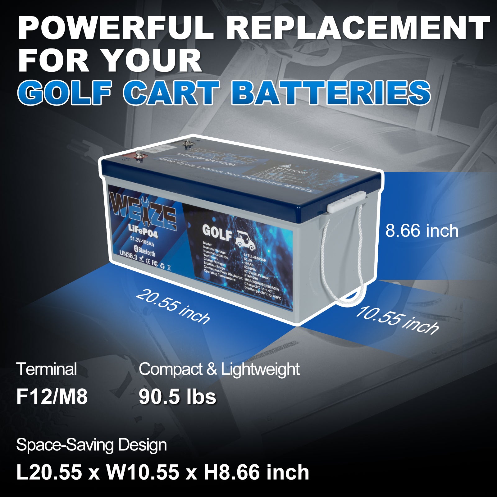 WEIZE 48V 105AH LiFePO4 Golf Cart Battery with Bluetooth - Grade A Cells, 200A BMS, 650A Peak Discharge, FCC Certified (Replaces 6x8V GC8) - Includes 48V 18A Lithium Charger & Low Temp Protection - Perfect for Golf Carts, Electric Vehicles & Off-Grid Power Systems