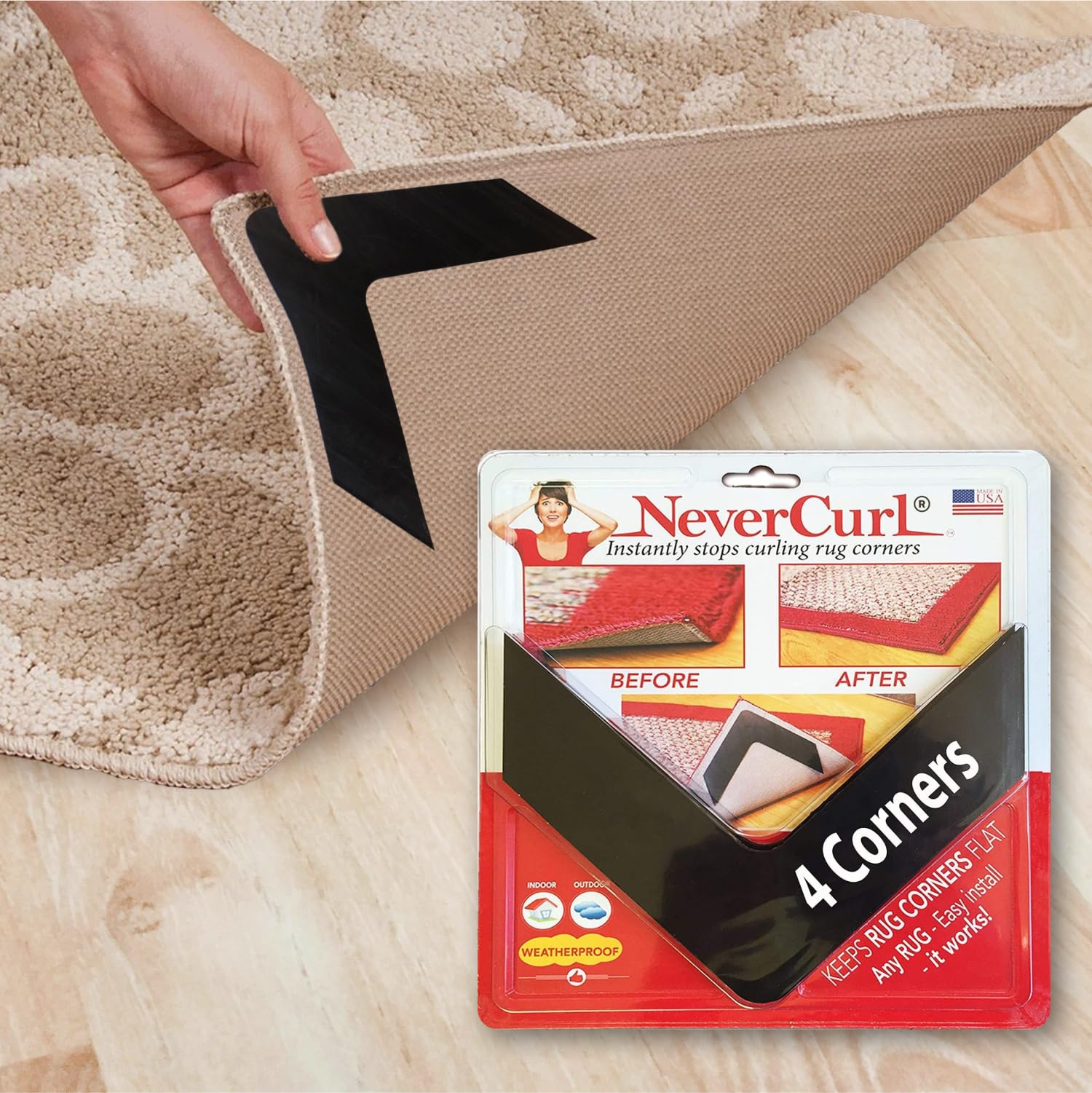 NeverCurl V-Shape Rug Corner Gripper - Stops Rug Corners from Curling Instantly - Safe for Hardwood & Laminate Floors - Indoor/Outdoor Carpet Tape - Perfect for Living Room, Bedroom, Patio Rugs (Not Anti-Slip Pad)