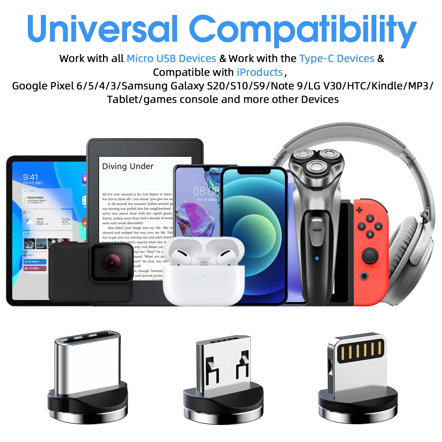 Premium Magnetic Charging Cable 6-Pack [3ft/6ft/10ft] - 540° Rotating 3-in-1 Fast Charger with Nylon Braiding for iPhone, Android, Type-C & Micro USB Devices - Perfect for Home, Office & Travel Charging