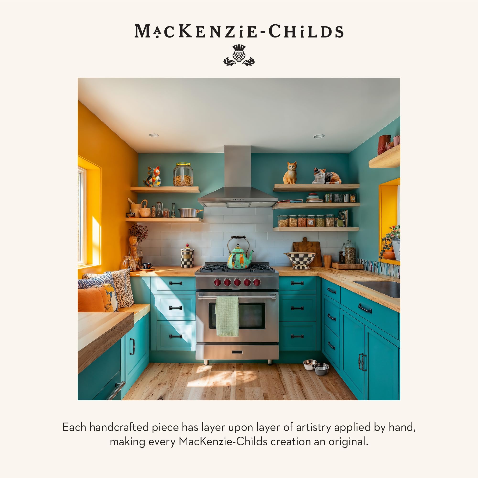 MACKENZIE-CHILDS 2-Quart Enamel Stovetop Tea Kettle - Vintage Style Cat-Themed Teapot for Tea Lovers | Perfect for Home Kitchen, Afternoon Tea Parties & Gift Giving