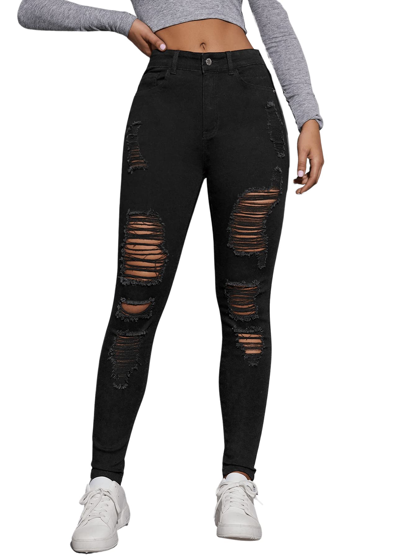 SweatyRocks Women's High Waist Ripped Skinny Jeans - Distressed Denim Pants for Casual Wear | Perfect for Street Style, Dating & Everyday Outfits