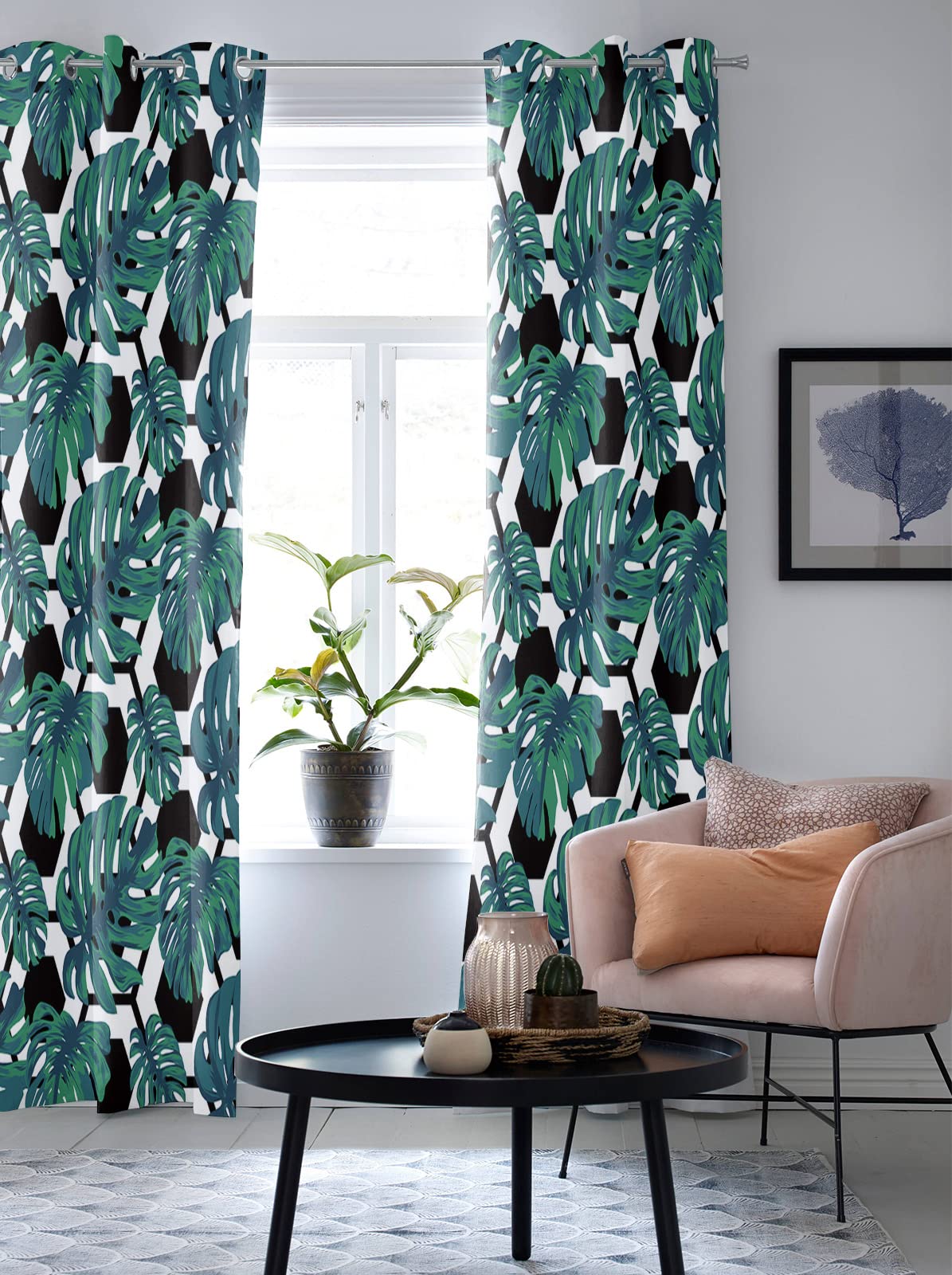 84 Inch Tropical Green Window Curtains with Palm Leaf Design - 2 Panel Grommet Drapes for Kitchen, Cafe, Living Room, Bedroom & Laundry Room - Perfect for Summer Decor & Window Treatments