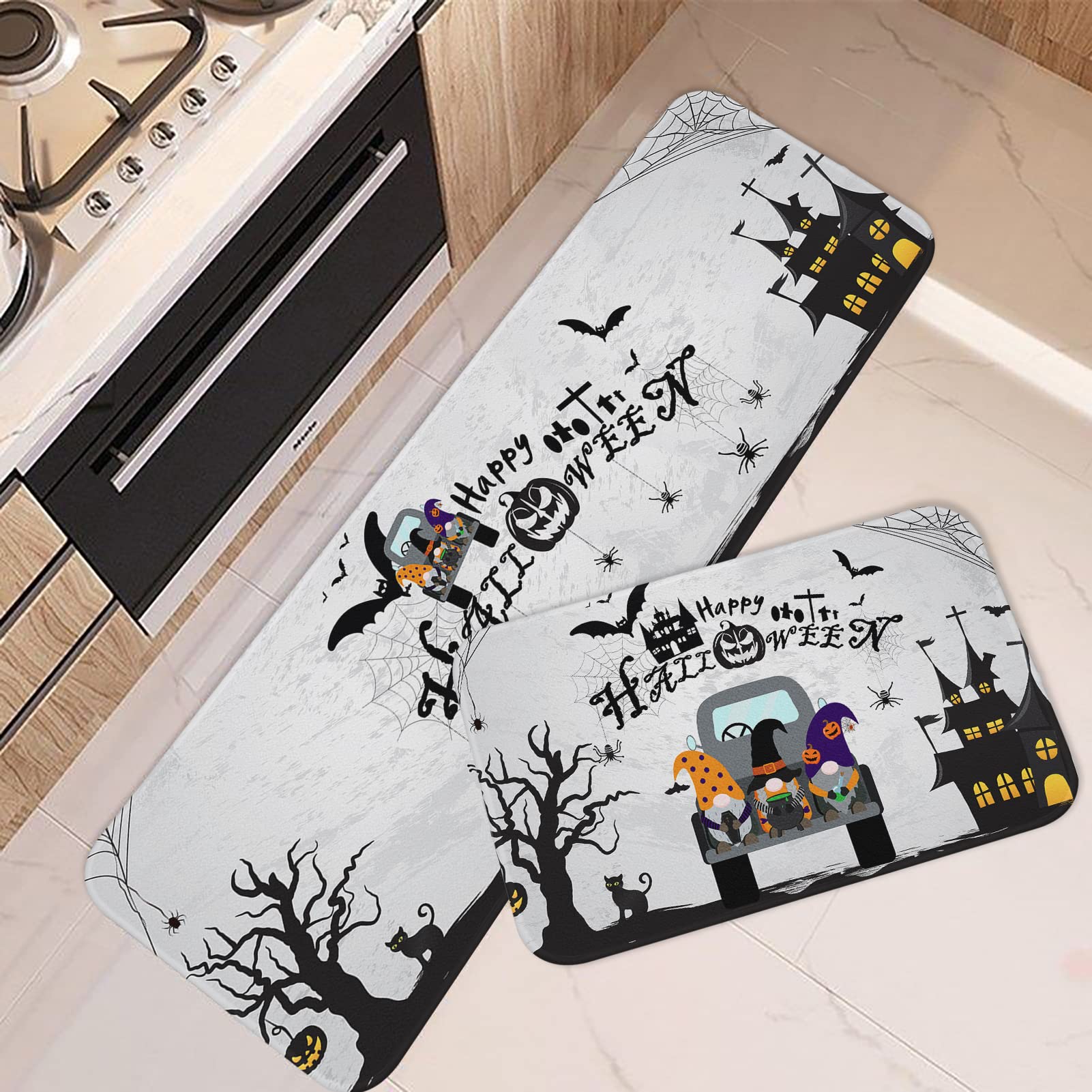 Halloween Gnomes Kitchen Rugs Set of 2 - Non-Slip Washable for Floor & Sink - Spooky Spider Web Pumpkin Design for Autumn Decor