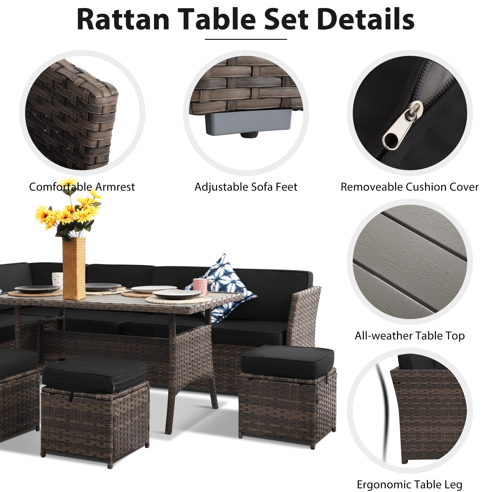 7-Piece All-Weather Brown Rattan Patio Furniture Set with Black Cushions - Outdoor Wicker Dining Table, Loveseat & Ottoman - Perfect for Backyard, Garden or Poolside Relaxation & Entertaining