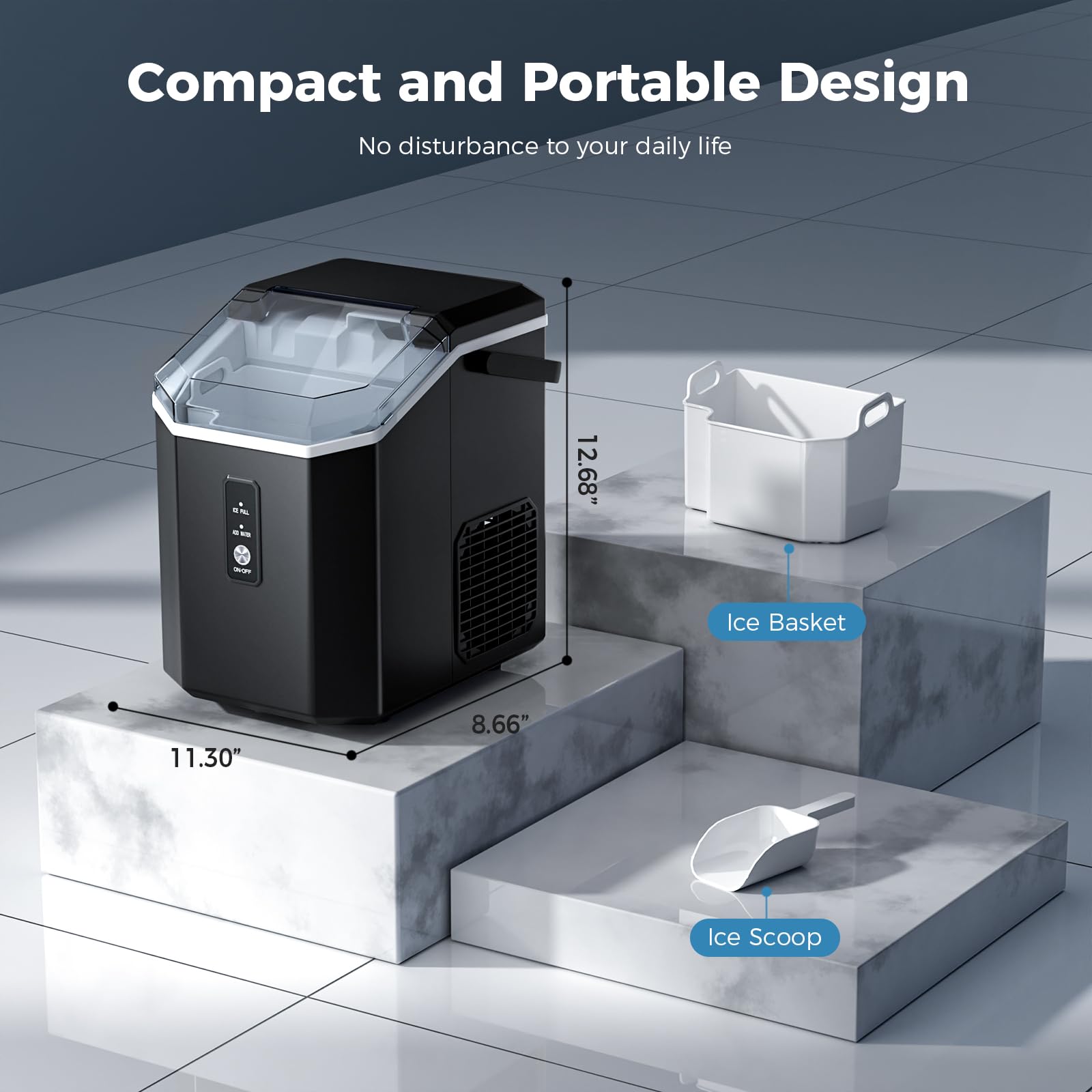AGLUCKY Countertop Nugget Ice Maker - Portable 35lbs/24H Pebble Ice Machine with Handle, One-Click Operation for Home, Kitchen, Office (Black) | Perfect for Cocktails, Sodas & Outdoor Parties