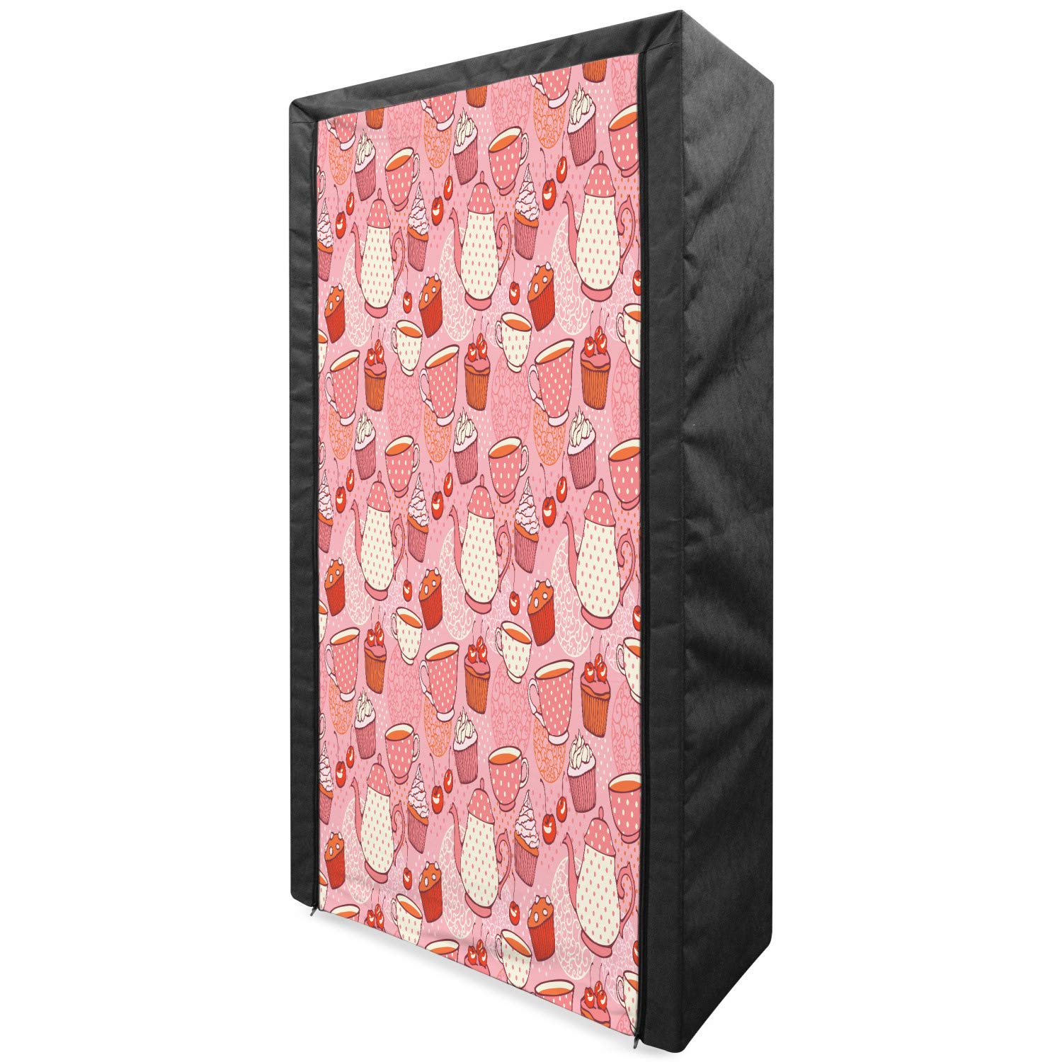 Ambesonne Cartoon Portable Fabric Wardrobe - Teapot & Cup Polka Dot Pattern with Cherries & Cakes Design - Pink Orange Red Clothing Organizer & Storage Closet with Shelves (33.5 Inch) - Perfect for Kids Room, Dormitory & Small Space Organization