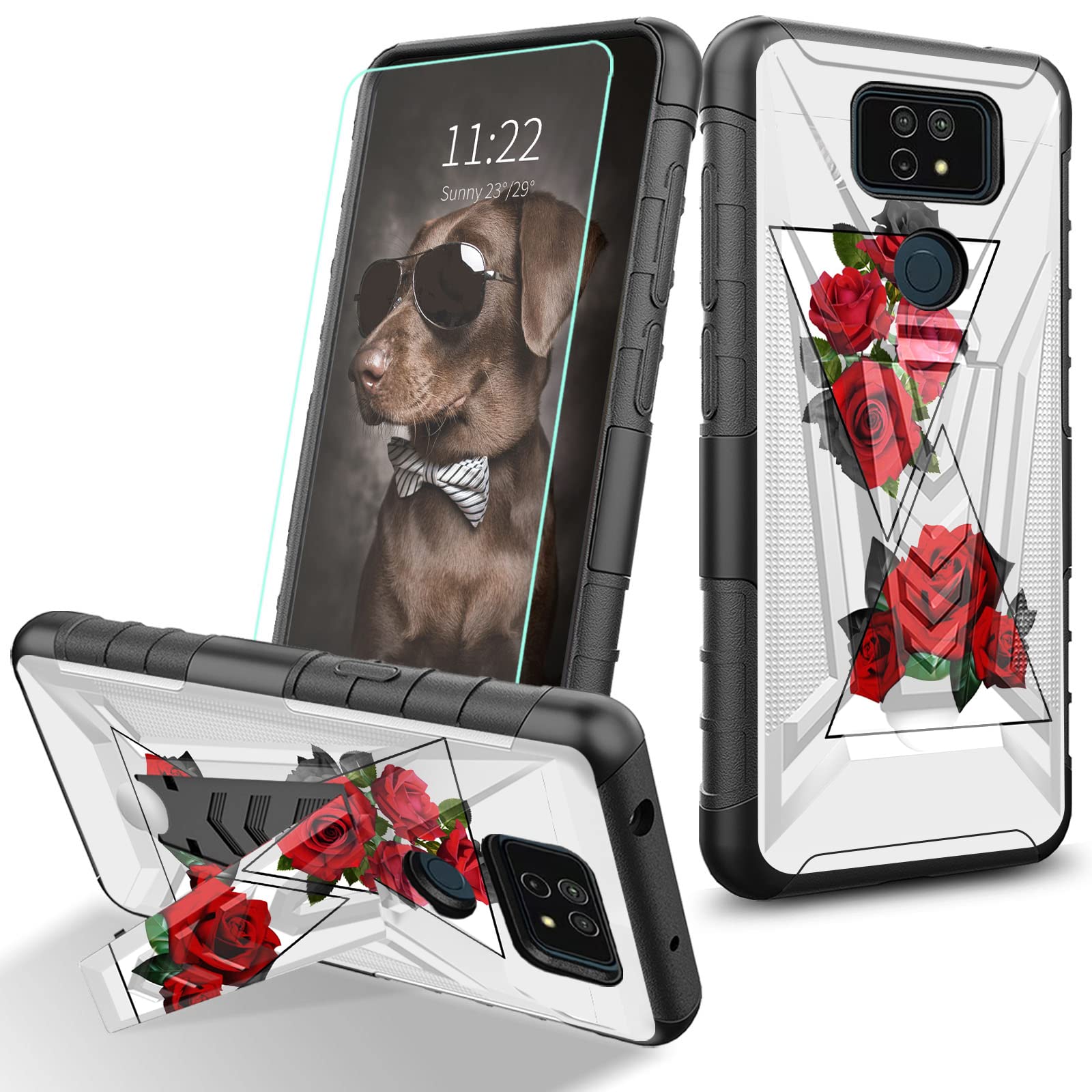 Shockproof Kickstand Case for Cricket Ovation 2/AT&T Maestro Max - Heavy Duty Rugged Phone Cover with Tempered Glass (Red Geometric) for Outdoor & Travel
