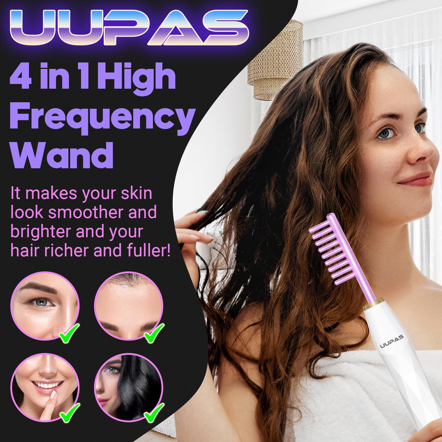 UUPAS High Frequency Light Therapy Wand for Face - Anti-Aging Facial Machine for Acne, Wrinkles & Skin Rejuvenation - At-Home Skincare Device for Spa-Like Treatments