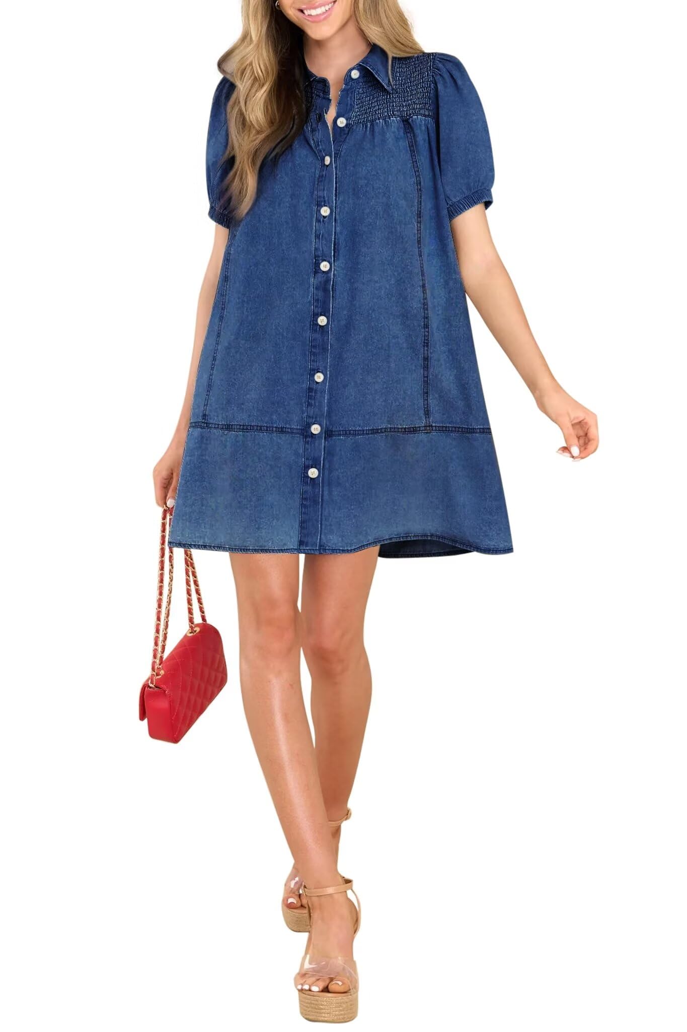 Women's KDF Denim Babydoll Shirt Dress - 2024 Summer Jean Dress for Casual Outings, Beach Wear & Date Nights