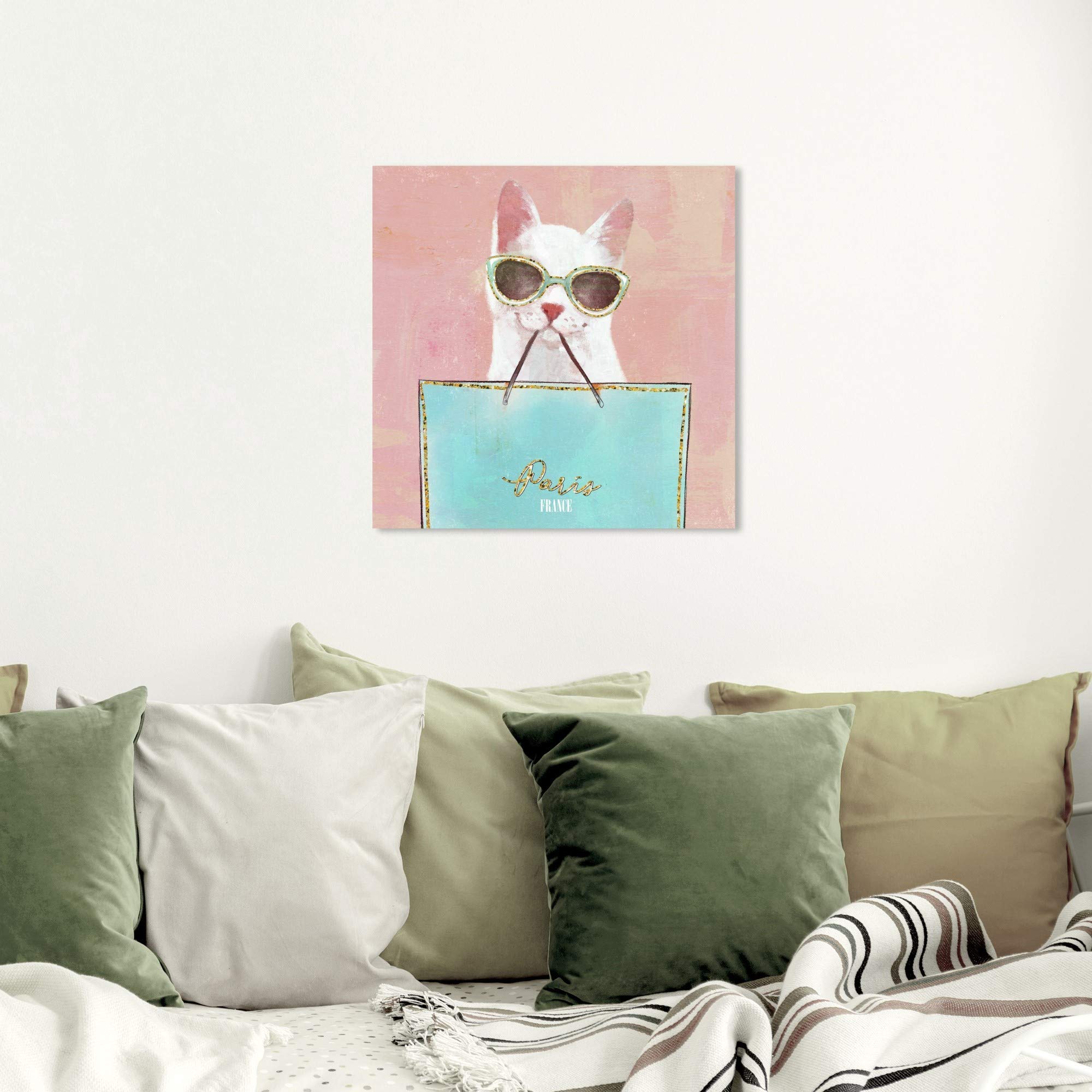 Wynwood Studio 'Shopping Cat' Fashion Wall Art Canvas Print - 20x20 Inches Blue & Gold Glam Home Decor - Perfect for Living Room, Bedroom, or Office Wall Decoration