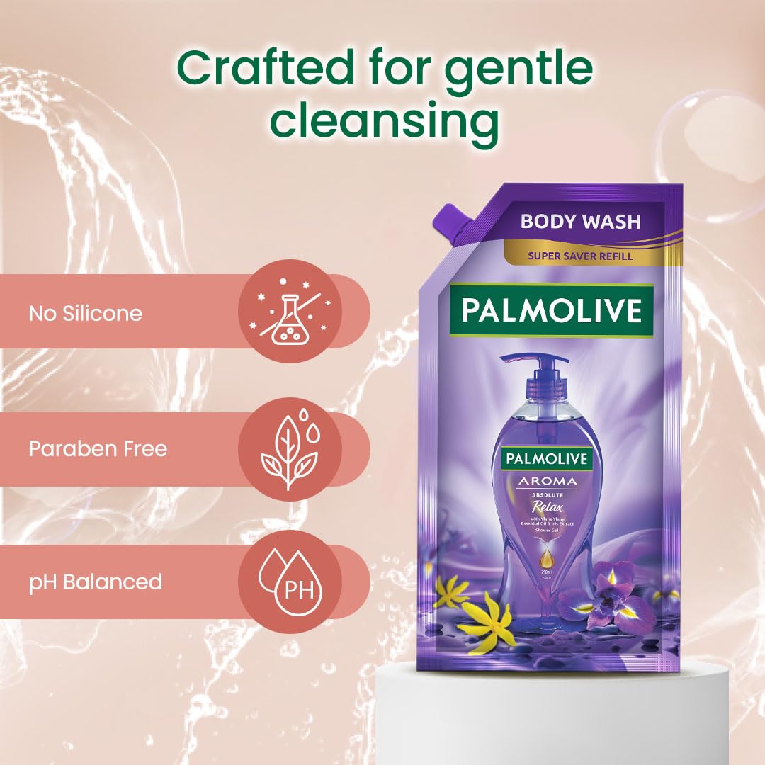 Palmolive Aroma Absolute Relax Body Wash for Women & Men - 750ml Refill Pack with 100% Natural Ylang Ylang Essential Oil & Iris Extracts | pH Balanced, Skin-Softening Shower Gel for Stress Relief & Daily Relaxation | Perfect for Spa Nights & Self-Care Routines