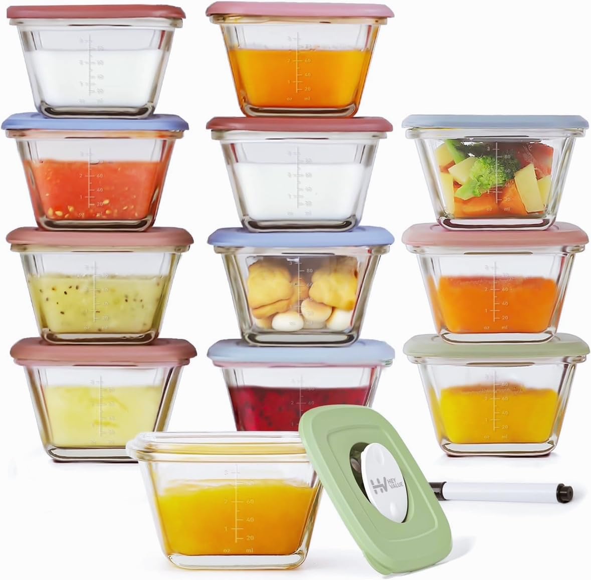 HEYVALUE 12-Pack 4 oz Glass Baby Food Storage Containers with Lids - BPA Free, Microwave/Dishwasher/Freezer Safe - Perfect for Homemade Baby Food, Meal Prep & Snack Storage