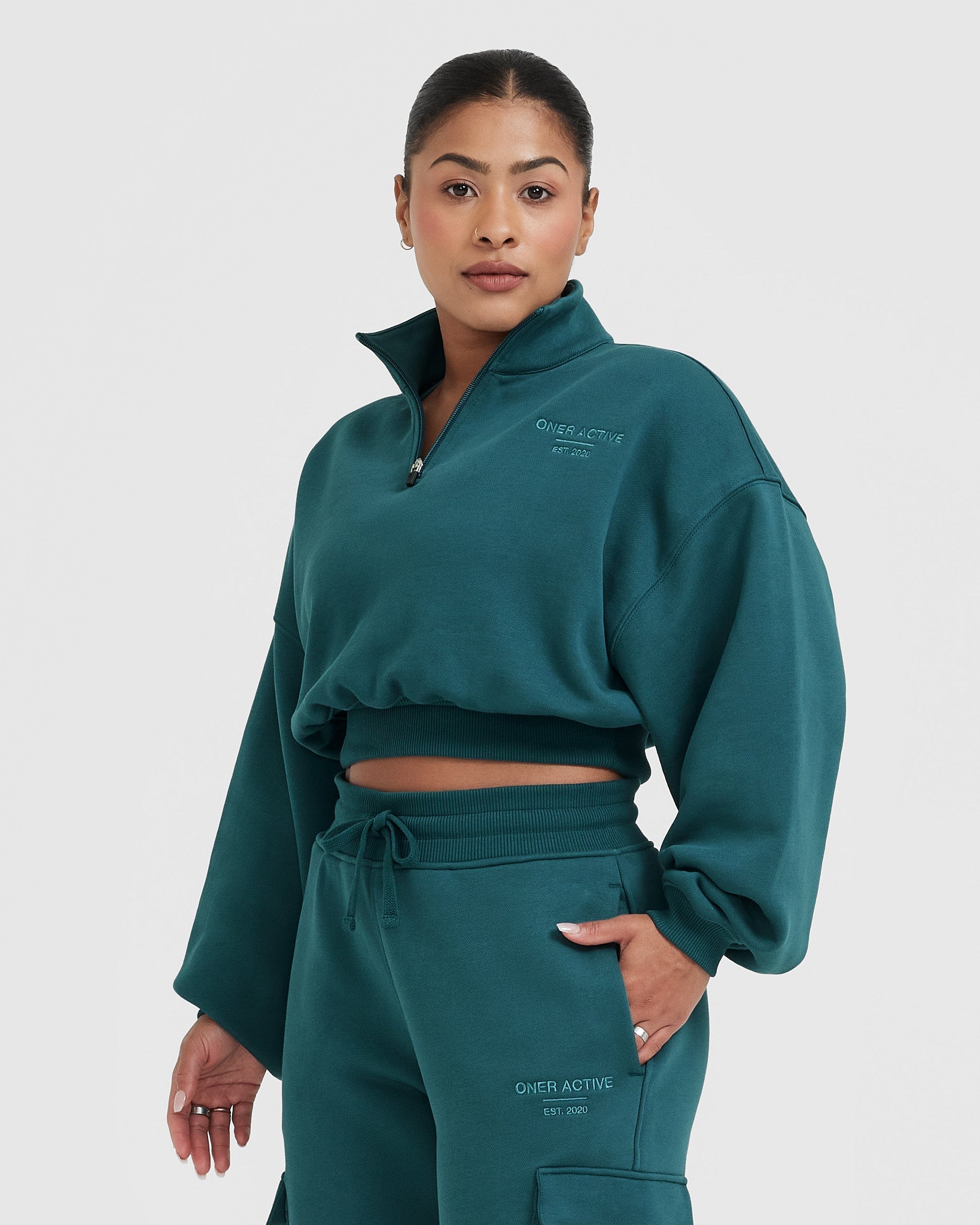 All Day Est 2020 Women's 1/4 Zip Crop Sweatshirt in Marine Teal | Comfortable Pullover for Yoga, Running & Casual Wear