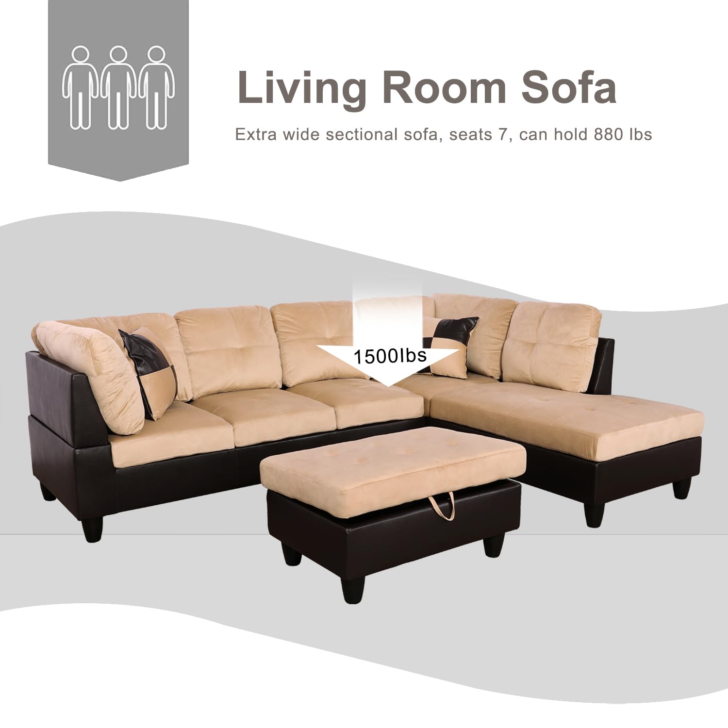 L-Shaped Microfiber Sectional Sofa Set with Storage Ottoman - Modern Living Room Couch for Apartments & Homes, Beige | Perfect for Small Spaces, Family Gatherings & Movie Nights (Includes Hydraulic Lift Ottoman)