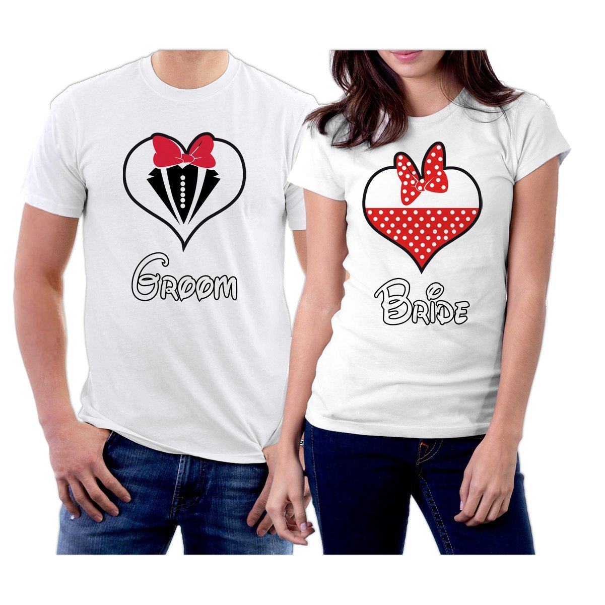 Matching Groom and Bride Heart Suit Couple T-Shirts - Romantic Wedding Couples Outfit for Engagement, Honeymoon & Anniversary Celebrations