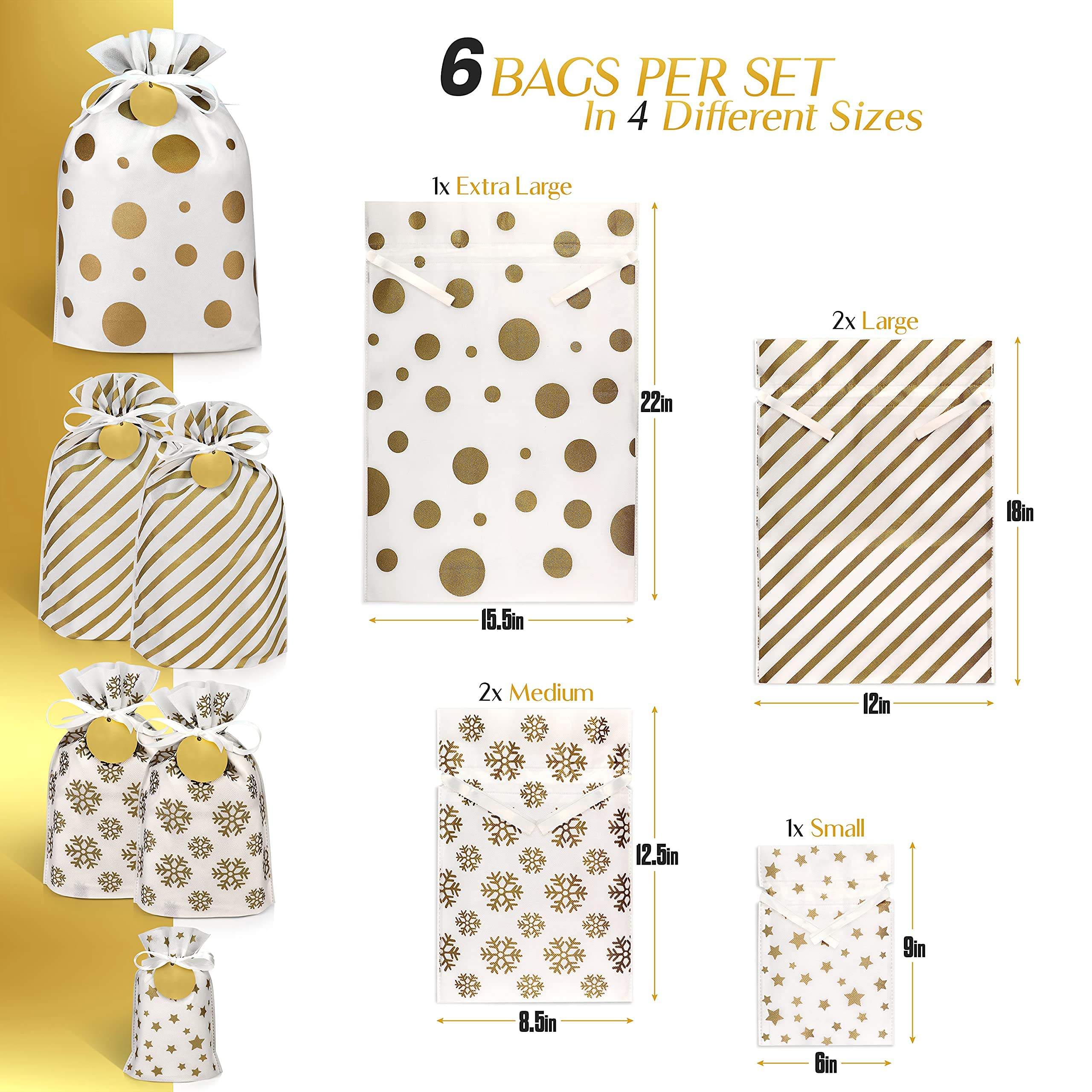 6-Piece Reusable Christmas Fabric Gift Bags with Drawstring - Large Holiday Present Wrapping Bags in Gold (Assorted Sizes) - Perfect for Holiday Gifts, Party Favors & Stocking Stuffers